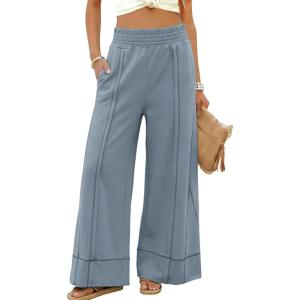 Tanming Womens Wide Leg Pants Cotton Stretchy High Waisted Palazzo Pants Daily Workout Wear Lounge Sweatpants with Pockets(Dusty Blue)