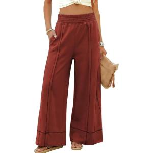Tanming Womens Wide Leg Pants Cotton Stretchy High Waisted Palazzo Pants Daily Workout Wear Lounge Sweatpants with Pockets(Rust)
