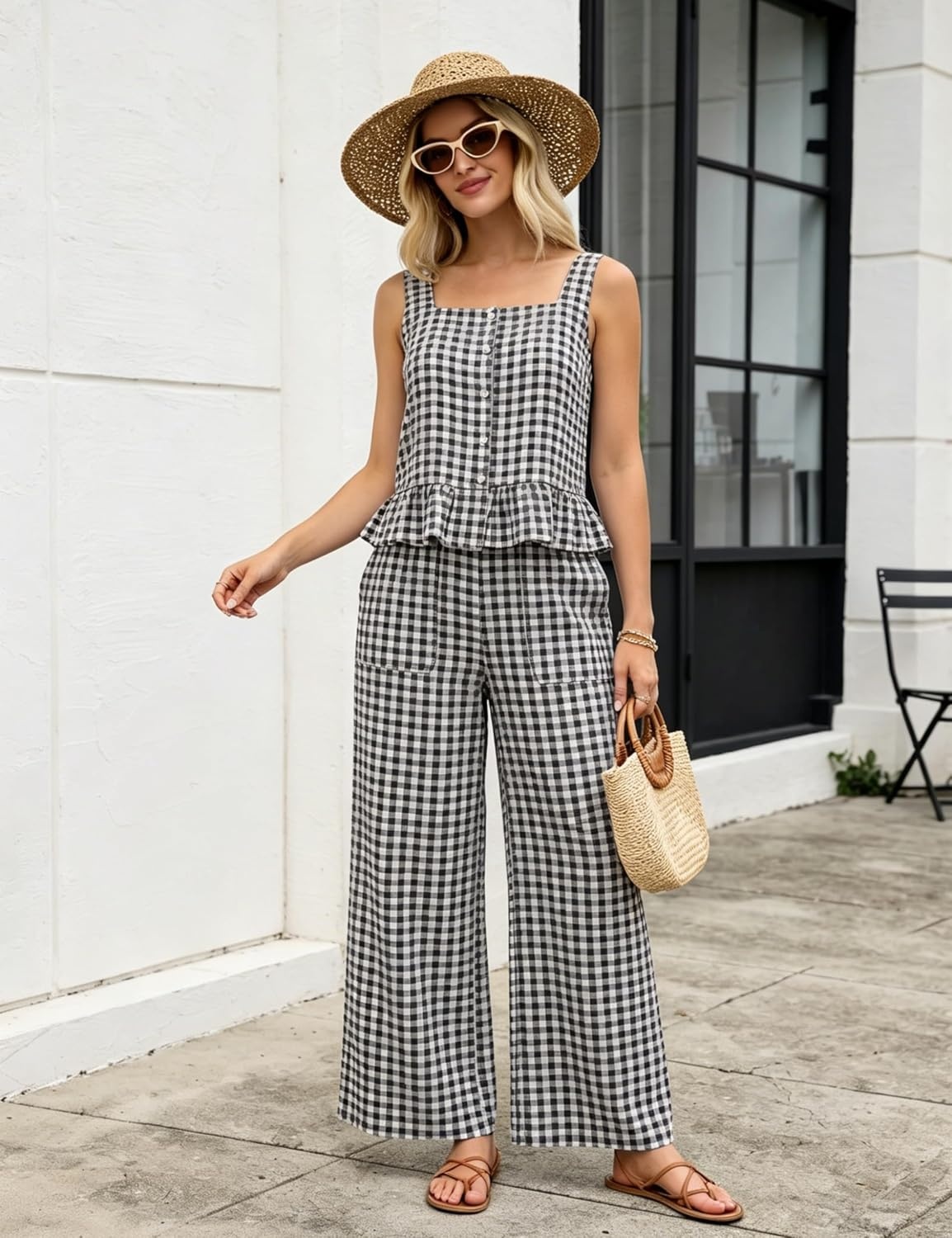 image:imageTanming 2 Piece Sets for Women Plaid Gingham Summer Tank Top Wide Leg Pants Matching Outfit Beach Vacation Lounge SetBlack