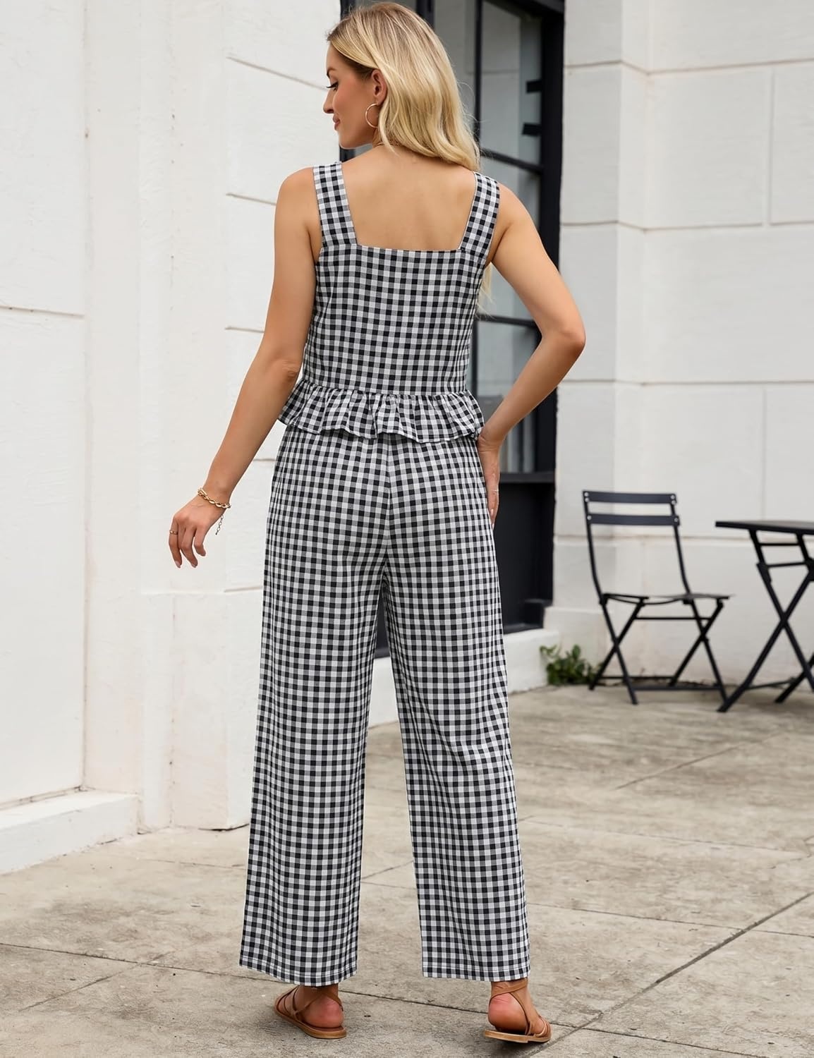 image:imageTanming 2 Piece Sets for Women Plaid Gingham Summer Tank Top Wide Leg Pants Matching Outfit Beach Vacation Lounge SetBlack