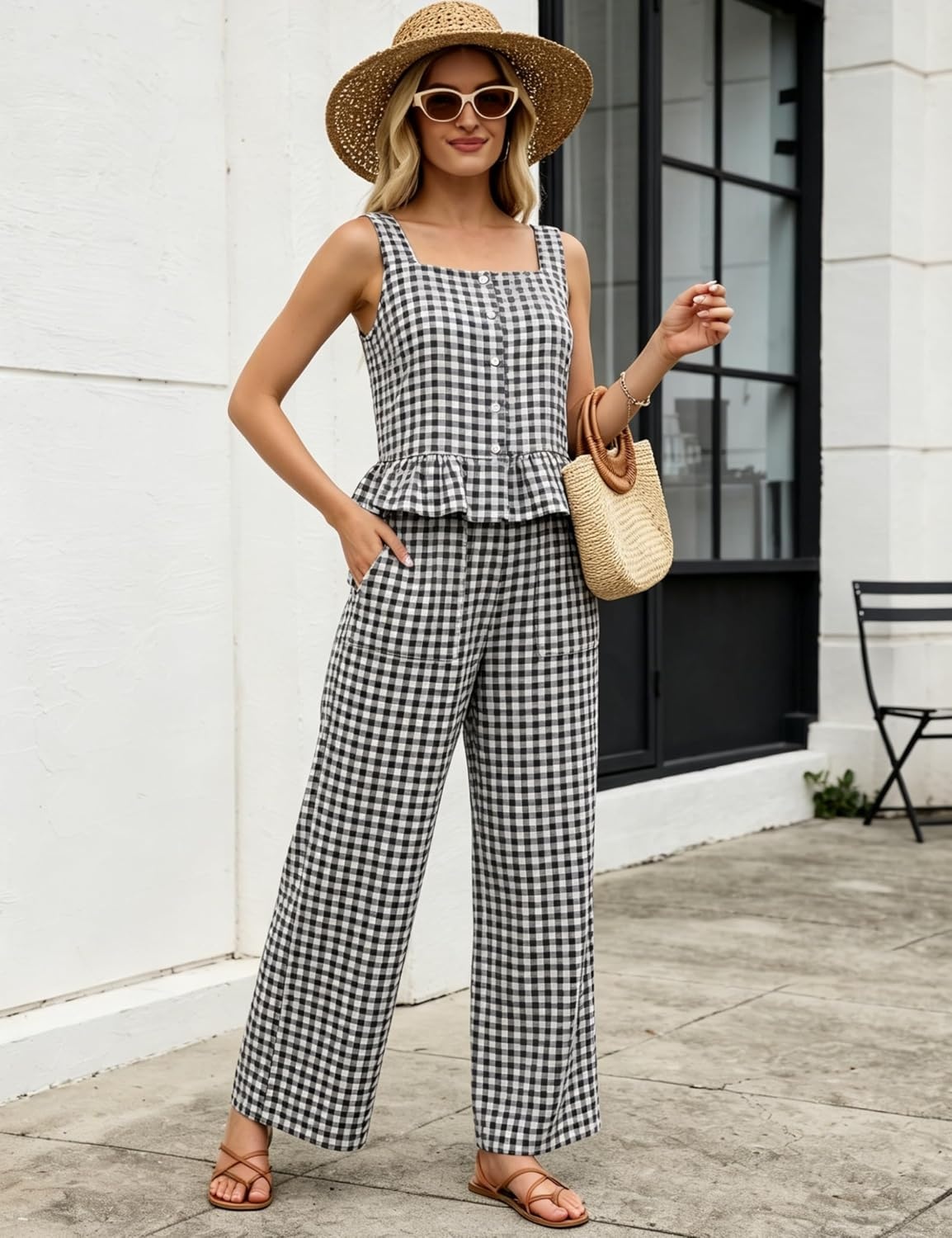 image:imageTanming 2 Piece Sets for Women Plaid Gingham Summer Tank Top Wide Leg Pants Matching Outfit Beach Vacation Lounge SetBlack