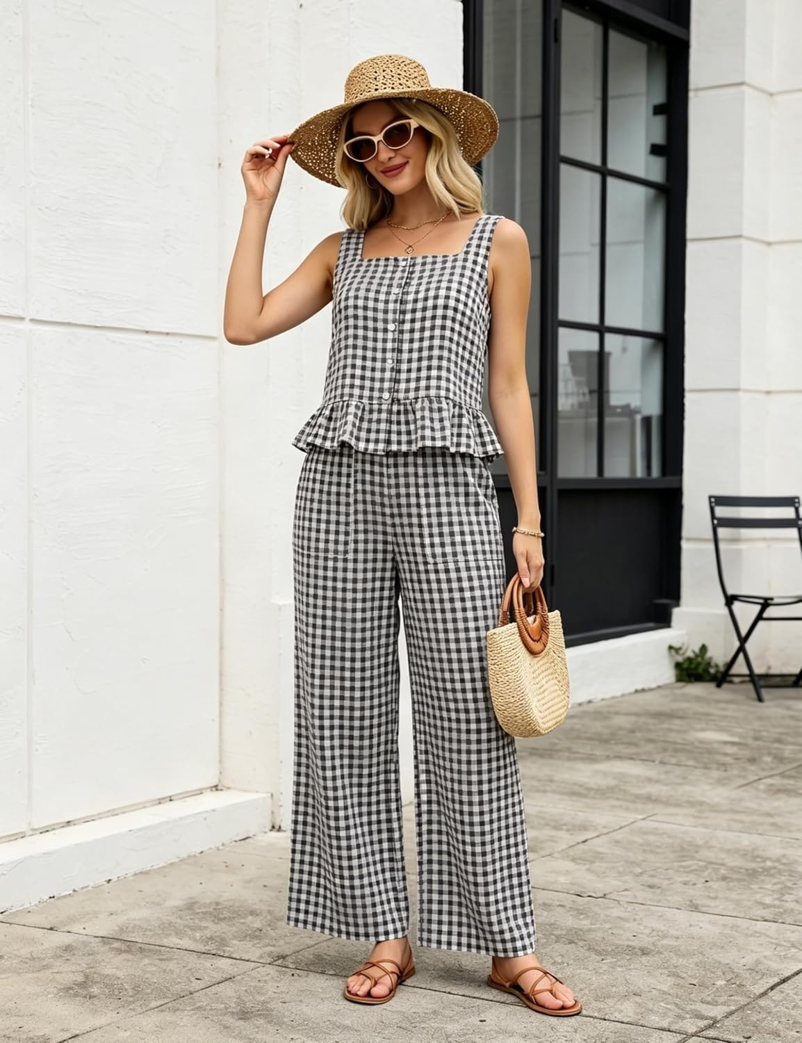 image:imageTanming 2 Piece Sets for Women Plaid Gingham Summer Tank Top Wide Leg Pants Matching Outfit Beach Vacation Lounge SetBlack