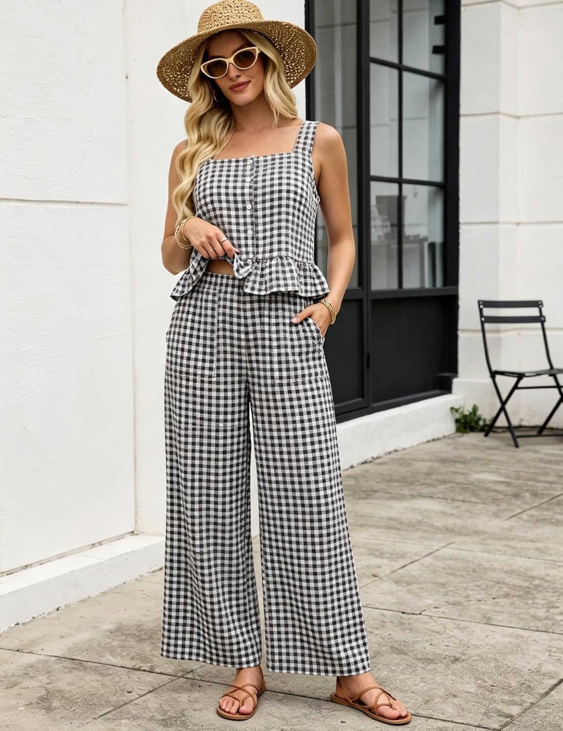 image:imageTanming 2 Piece Sets for Women Plaid Gingham Summer Tank Top Wide Leg Pants Matching Outfit Beach Vacation Lounge SetBlack