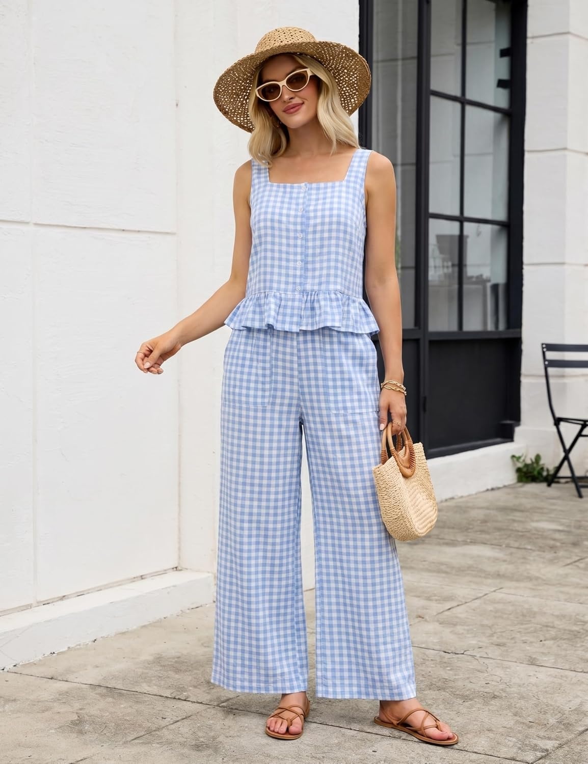 image:imageTanming 2 Piece Sets for Women Plaid Gingham Summer Tank Top Wide Leg Pants Matching Outfit Beach Vacation Lounge SetBlue