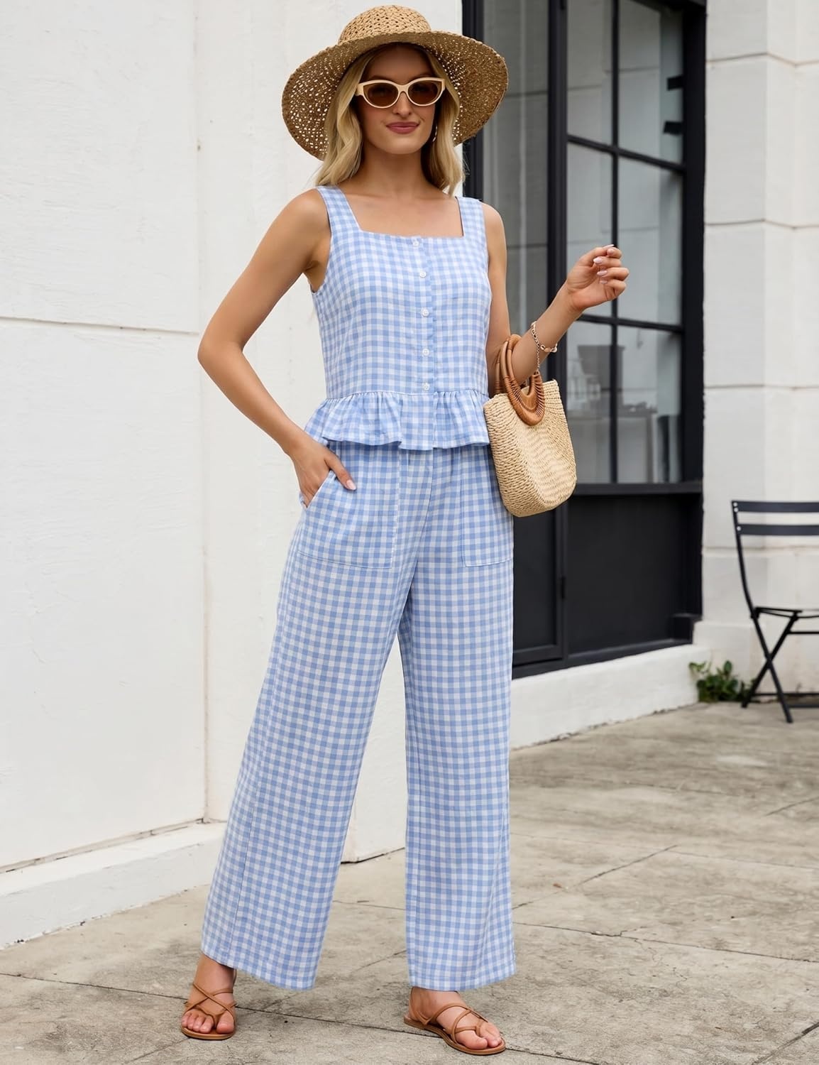 image:imageTanming 2 Piece Sets for Women Plaid Gingham Summer Tank Top Wide Leg Pants Matching Outfit Beach Vacation Lounge SetBlue
