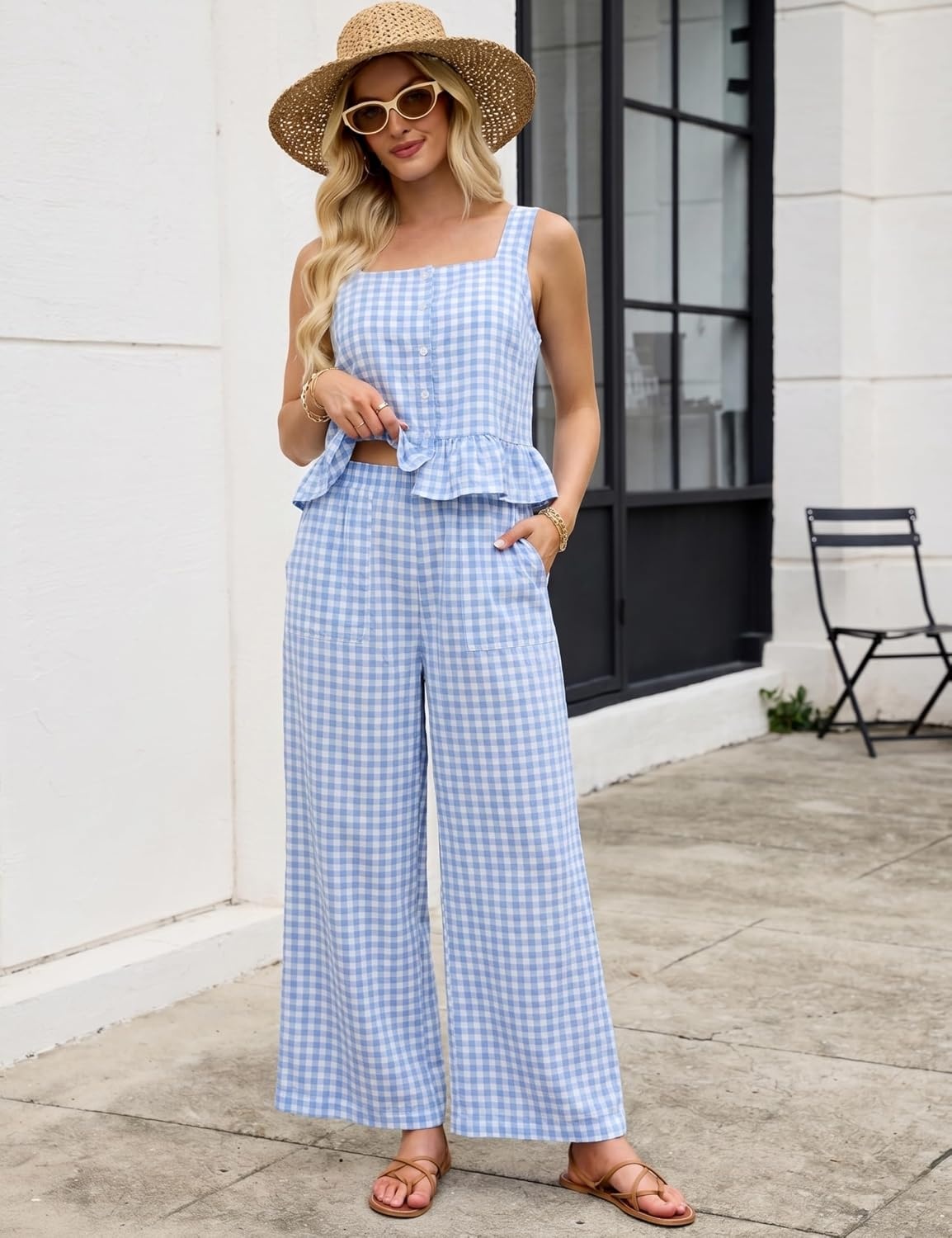 image:imageTanming 2 Piece Sets for Women Plaid Gingham Summer Tank Top Wide Leg Pants Matching Outfit Beach Vacation Lounge SetBlue
