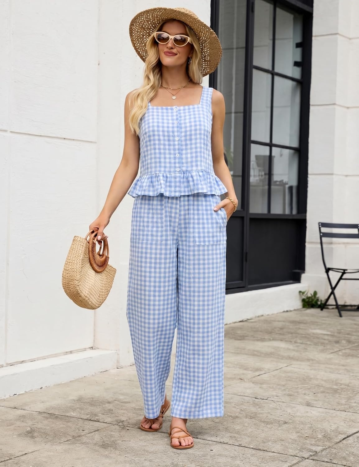 image:imageTanming 2 Piece Sets for Women Plaid Gingham Summer Tank Top Wide Leg Pants Matching Outfit Beach Vacation Lounge SetBlue