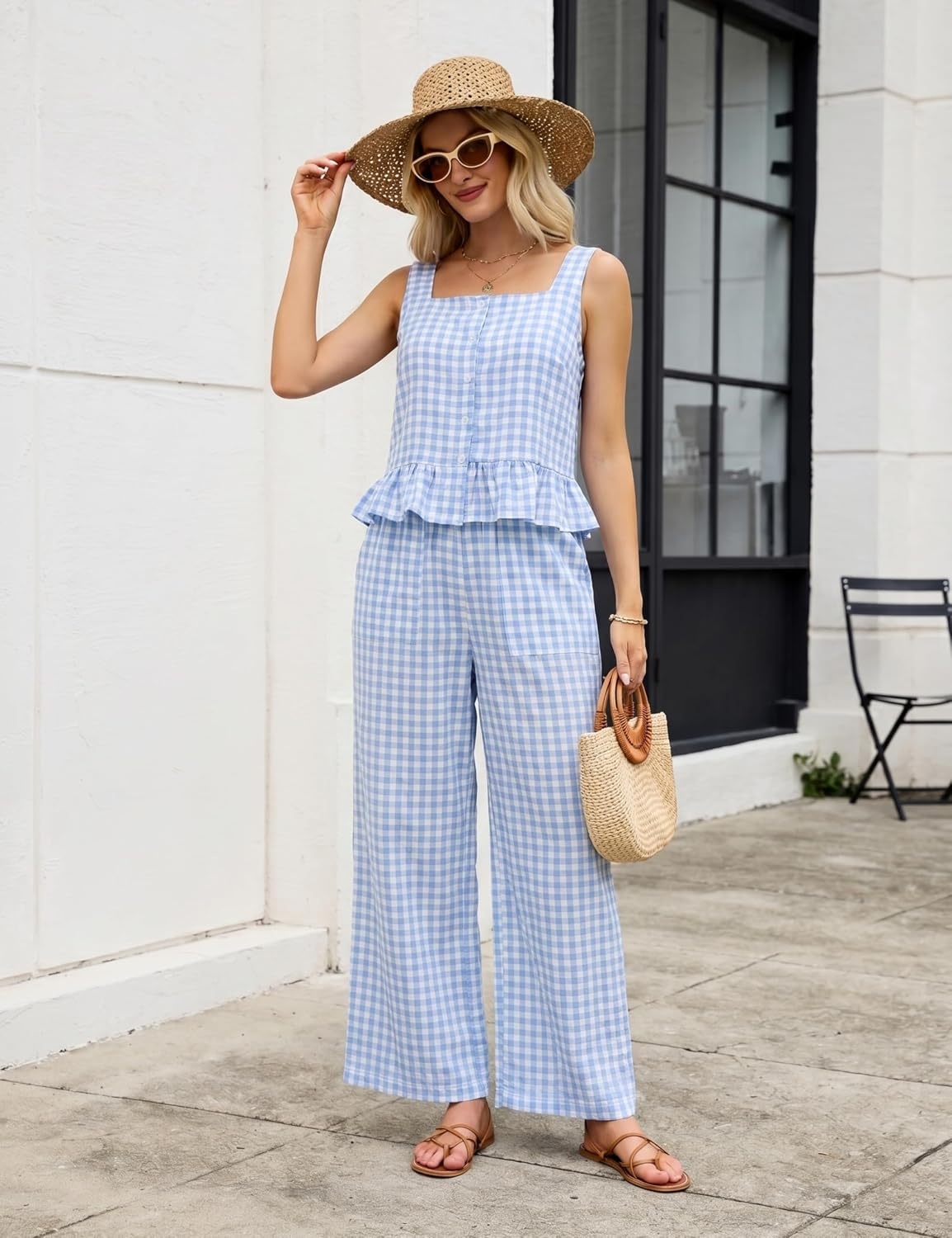 image:imageTanming 2 Piece Sets for Women Plaid Gingham Summer Tank Top Wide Leg Pants Matching Outfit Beach Vacation Lounge SetBlue