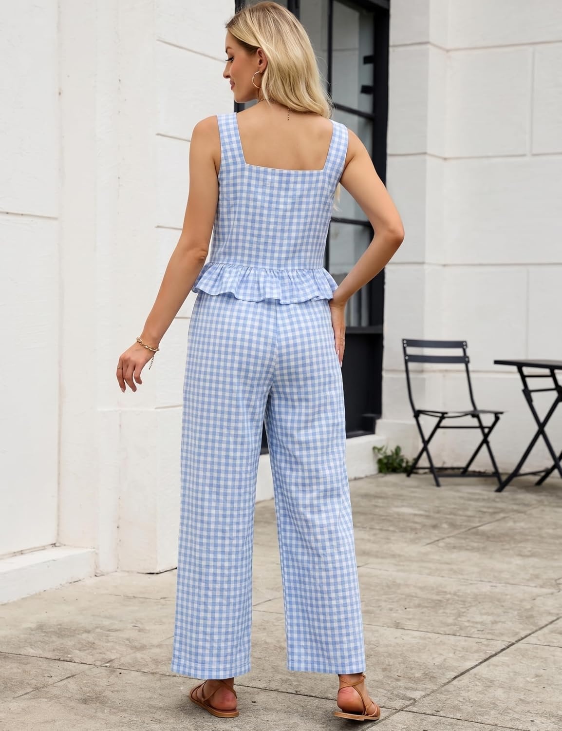 image:imageTanming 2 Piece Sets for Women Plaid Gingham Summer Tank Top Wide Leg Pants Matching Outfit Beach Vacation Lounge SetBlue
