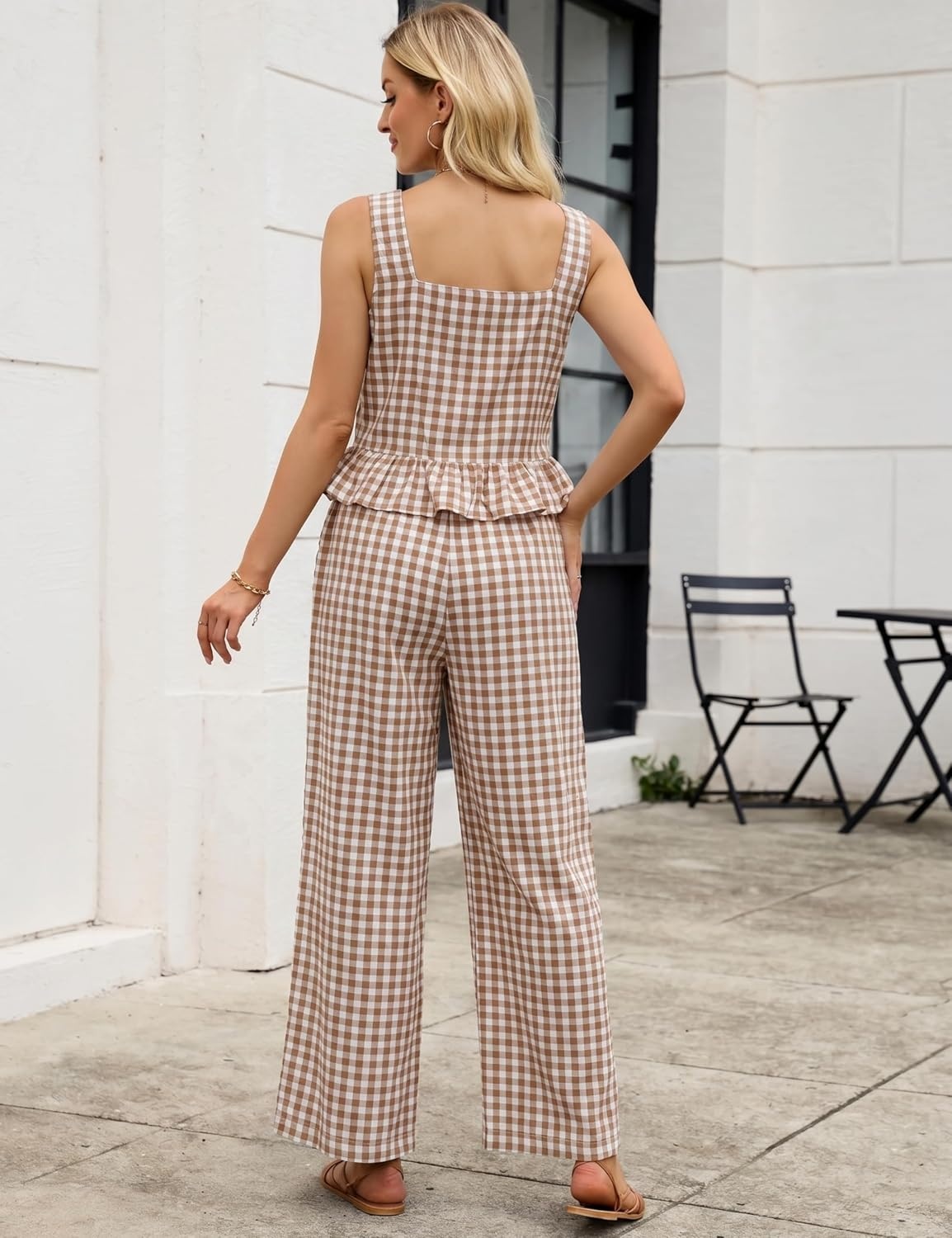 image:imageTanming 2 Piece Sets for Women Plaid Gingham Summer Tank Top Wide Leg Pants Matching Outfit Beach Vacation Lounge SetBrown