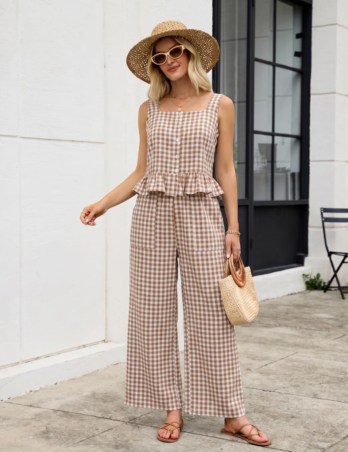 image:imageTanming 2 Piece Sets for Women Plaid Gingham Summer Tank Top Wide Leg Pants Matching Outfit Beach Vacation Lounge SetBrown