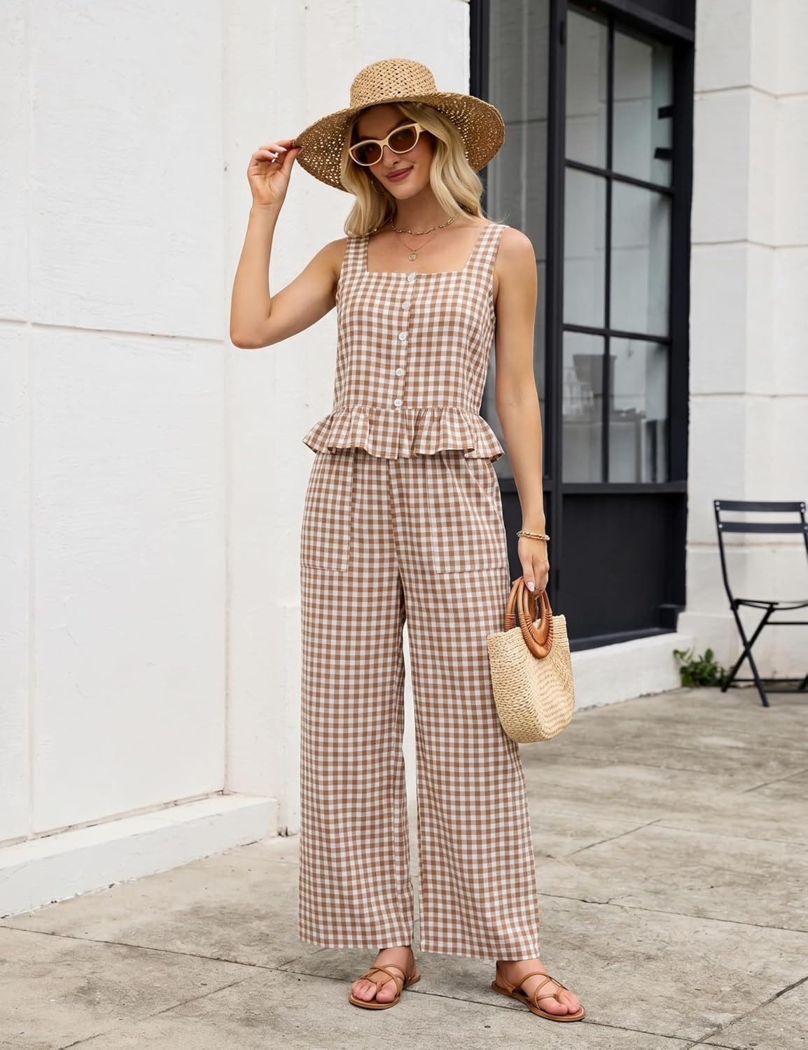 image:imageTanming 2 Piece Sets for Women Plaid Gingham Summer Tank Top Wide Leg Pants Matching Outfit Beach Vacation Lounge SetBrown