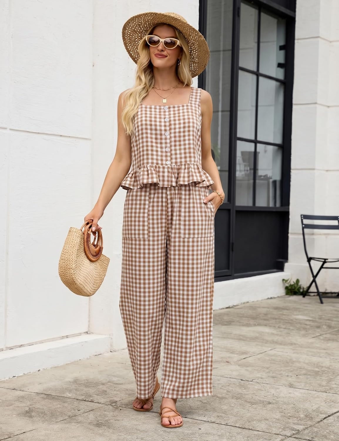 image:imageTanming 2 Piece Sets for Women Plaid Gingham Summer Tank Top Wide Leg Pants Matching Outfit Beach Vacation Lounge SetBrown