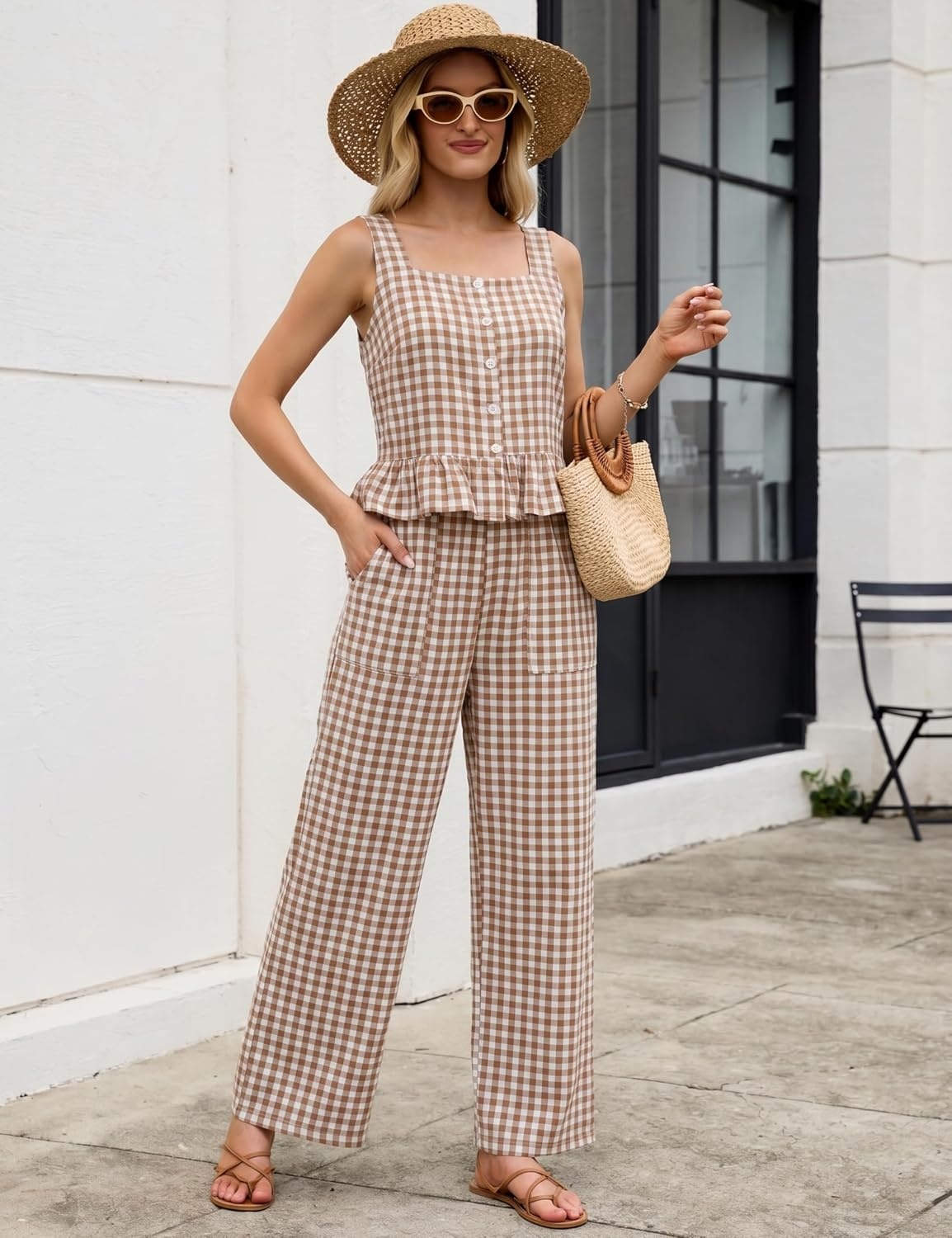 image:imageTanming 2 Piece Sets for Women Plaid Gingham Summer Tank Top Wide Leg Pants Matching Outfit Beach Vacation Lounge SetBrown