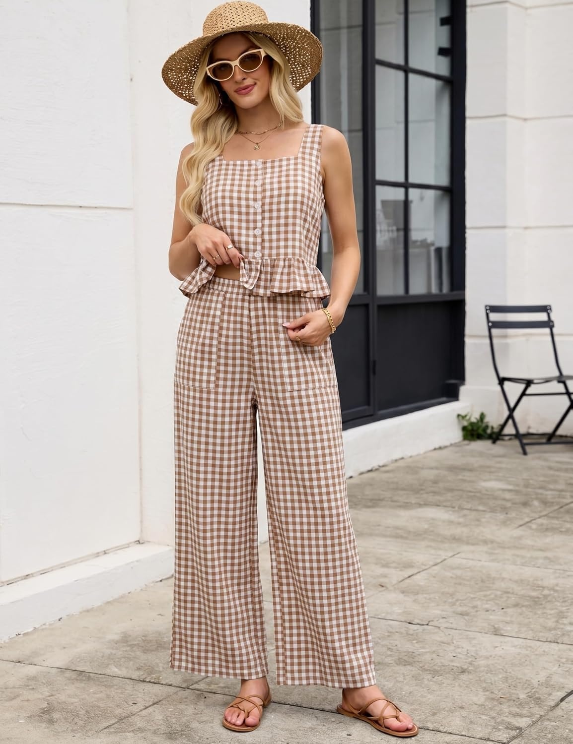 image:imageTanming 2 Piece Sets for Women Plaid Gingham Summer Tank Top Wide Leg Pants Matching Outfit Beach Vacation Lounge SetBrown