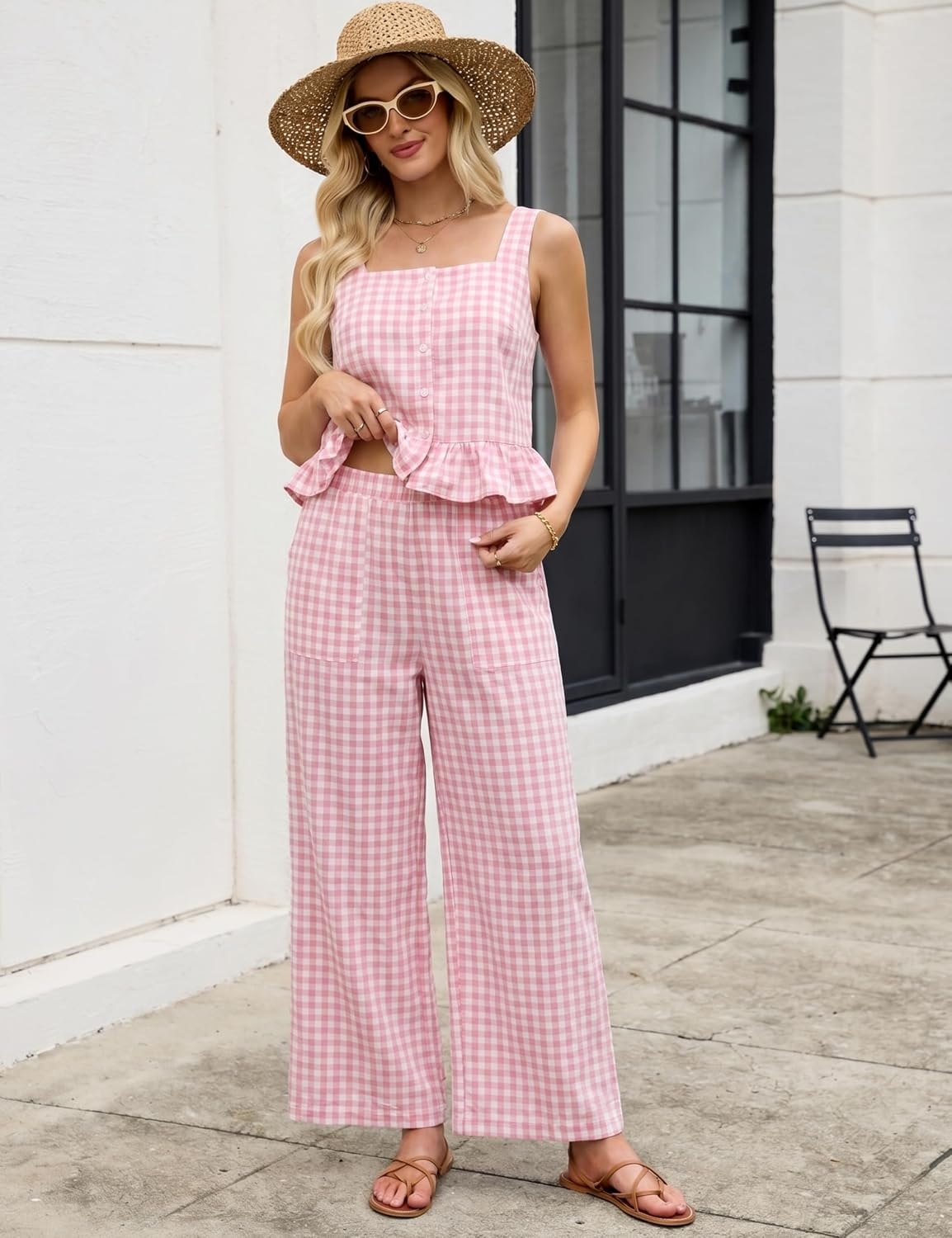 image:imageTanming 2 Piece Sets for Women Plaid Gingham Summer Tank Top Wide Leg Pants Matching Outfit Beach Vacation Lounge SetPink
