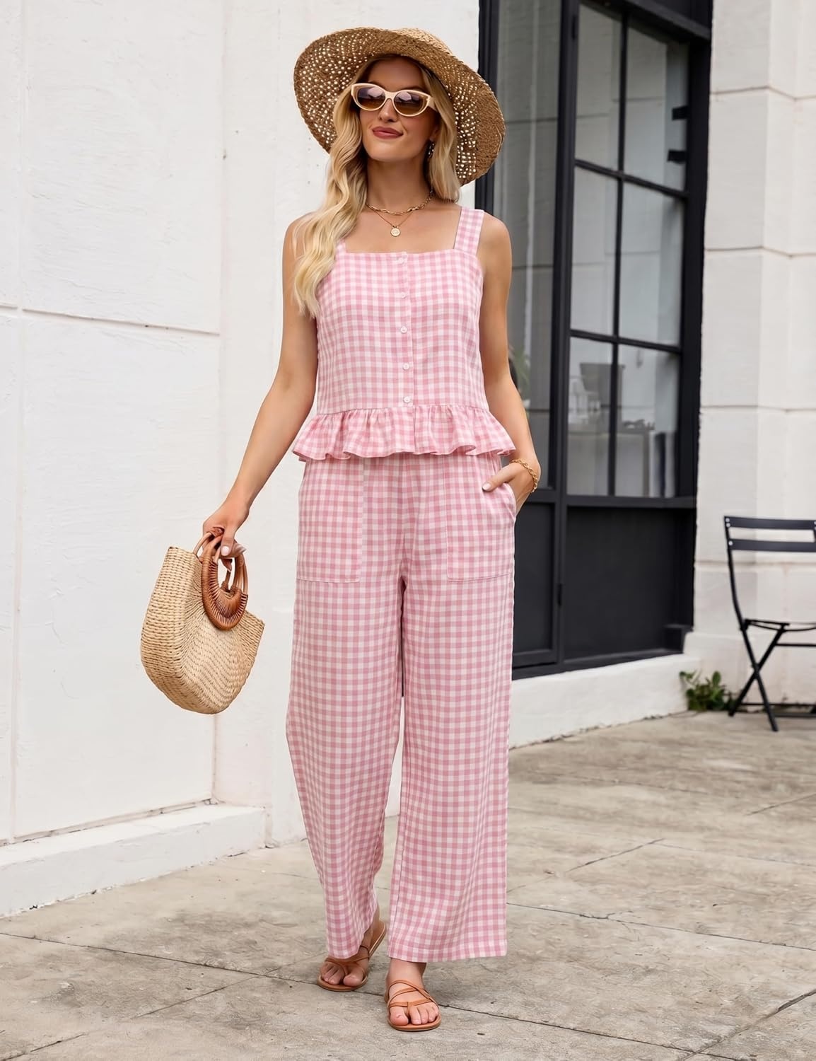 image:imageTanming 2 Piece Sets for Women Plaid Gingham Summer Tank Top Wide Leg Pants Matching Outfit Beach Vacation Lounge SetPink