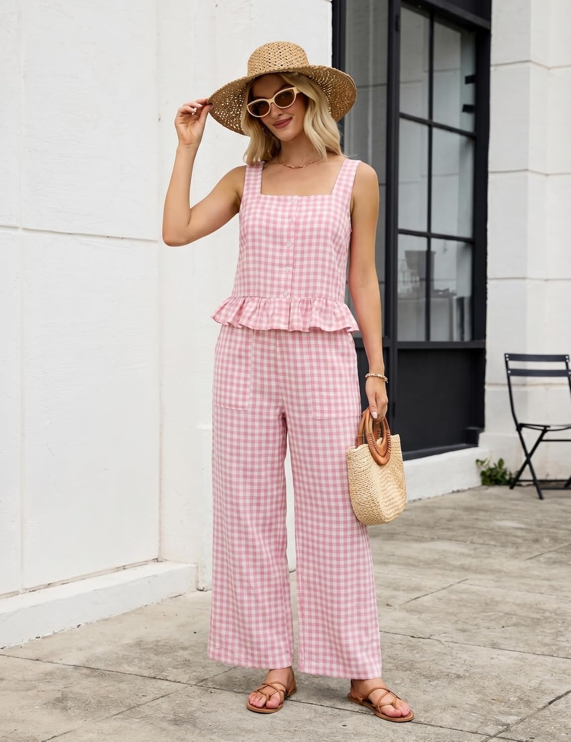image:imageTanming 2 Piece Sets for Women Plaid Gingham Summer Tank Top Wide Leg Pants Matching Outfit Beach Vacation Lounge SetPink