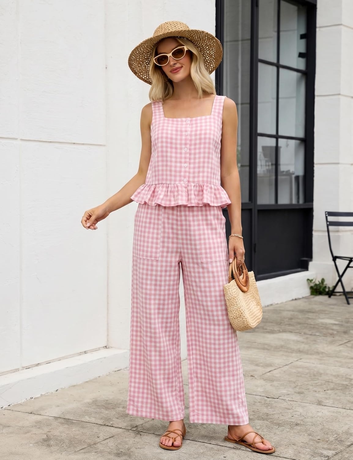 image:imageTanming 2 Piece Sets for Women Plaid Gingham Summer Tank Top Wide Leg Pants Matching Outfit Beach Vacation Lounge SetPink