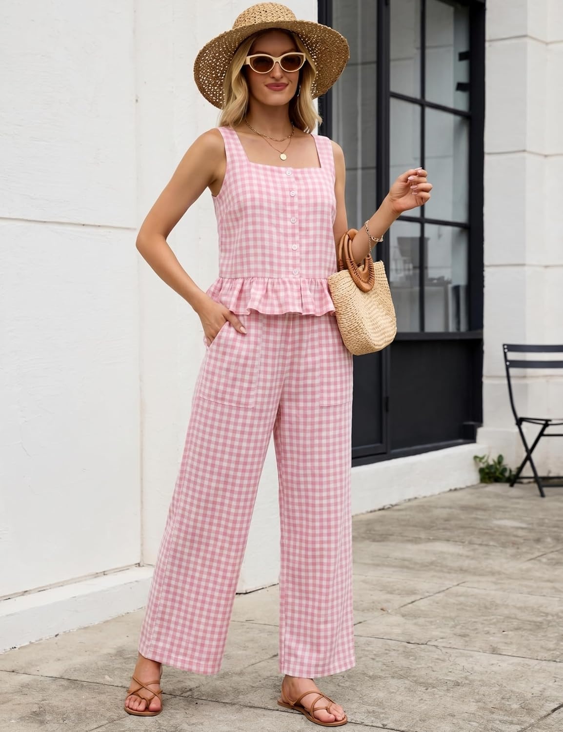 image:imageTanming 2 Piece Sets for Women Plaid Gingham Summer Tank Top Wide Leg Pants Matching Outfit Beach Vacation Lounge SetPink