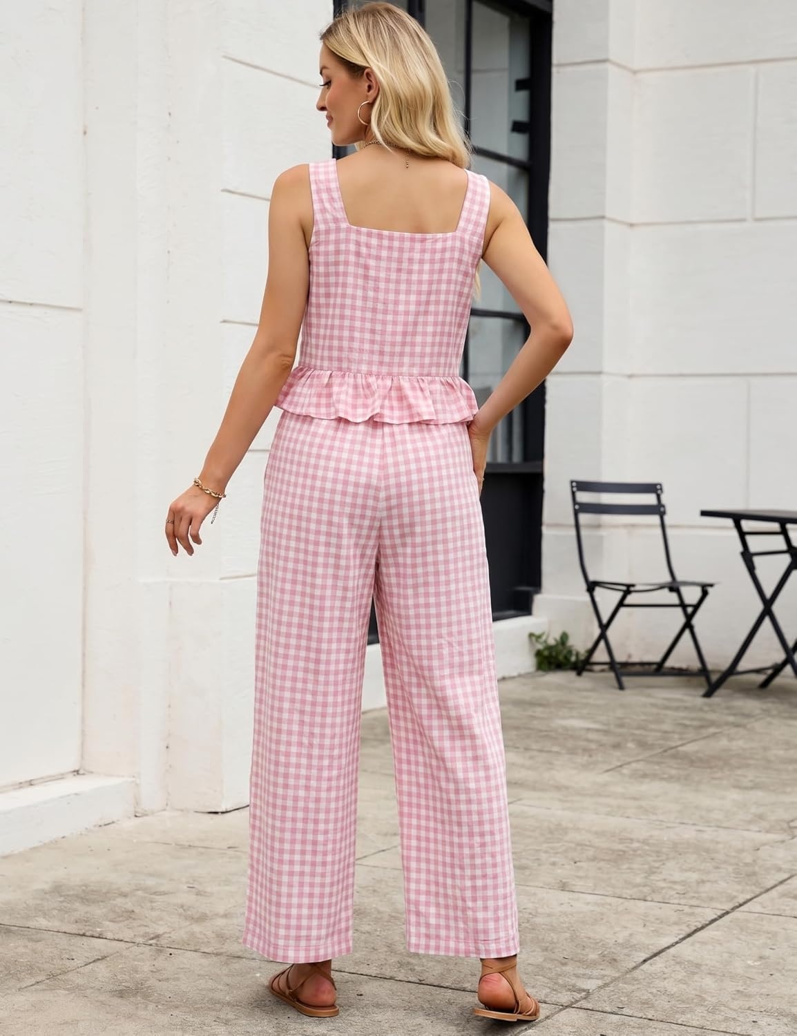 image:imageTanming 2 Piece Sets for Women Plaid Gingham Summer Tank Top Wide Leg Pants Matching Outfit Beach Vacation Lounge SetPink