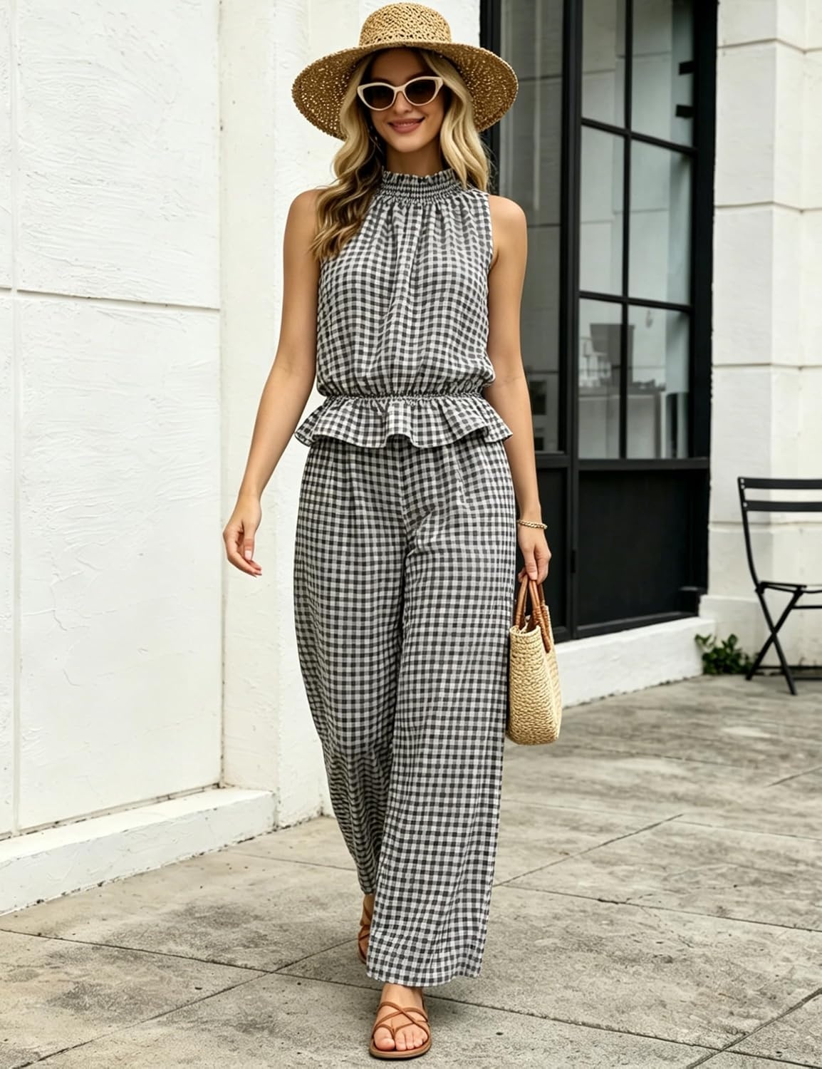 image:imageTanming Womens 2 Piece Set Outfits Gingham Plaid Sleeveless Ruffle Top Wide Leg Pants Summer Casual Beach Vacation SetsBlack