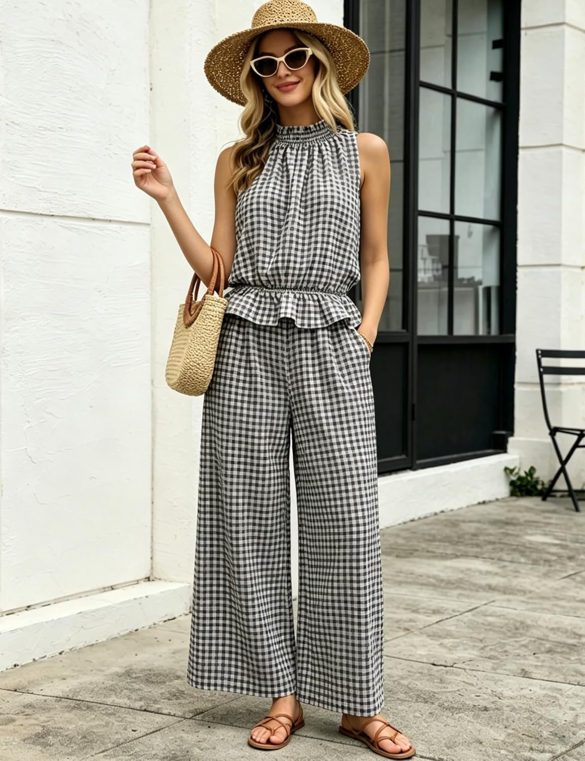 image:imageTanming Womens 2 Piece Set Outfits Gingham Plaid Sleeveless Ruffle Top Wide Leg Pants Summer Casual Beach Vacation SetsBlack