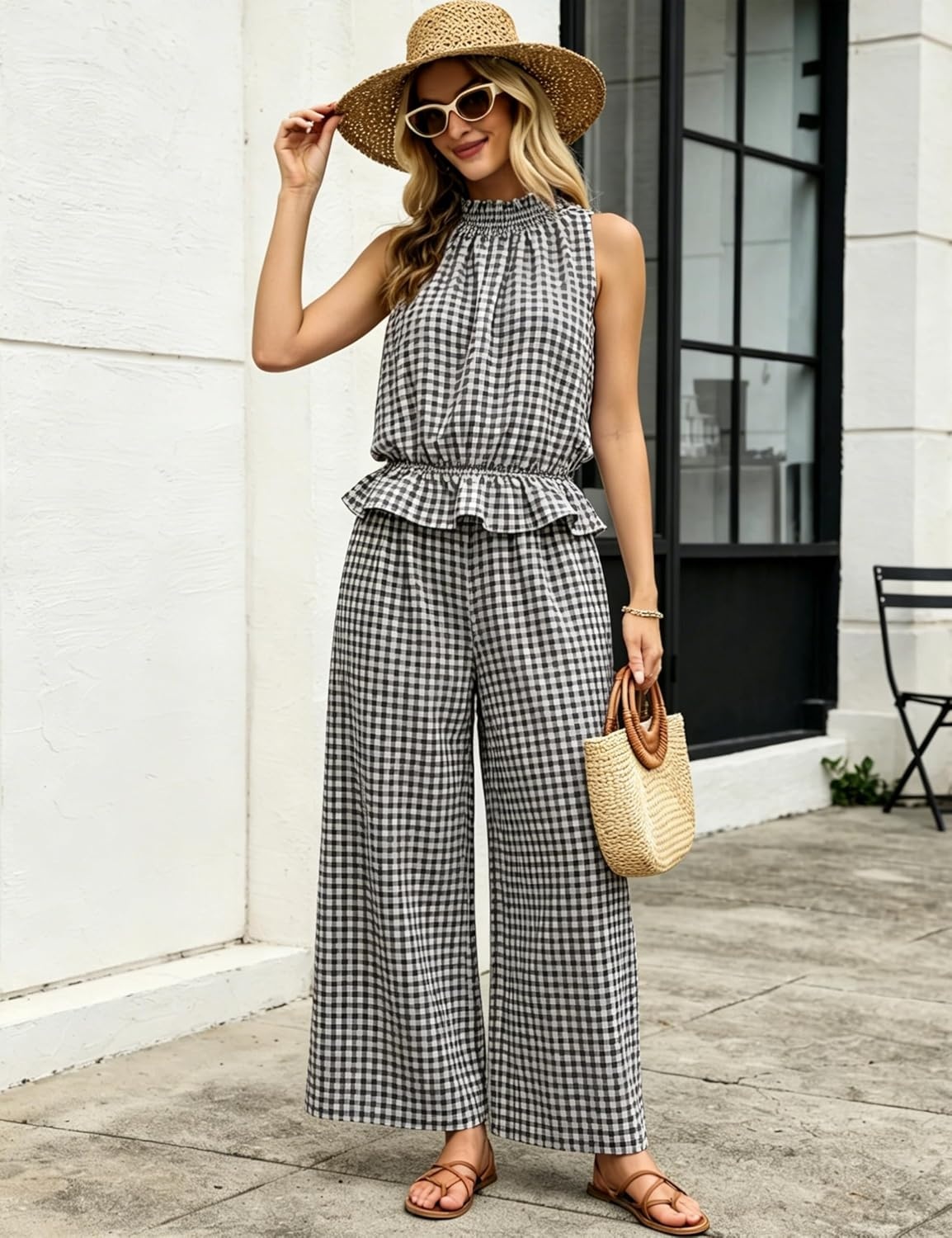 image:imageTanming Womens 2 Piece Set Outfits Gingham Plaid Sleeveless Ruffle Top Wide Leg Pants Summer Casual Beach Vacation SetsBlack
