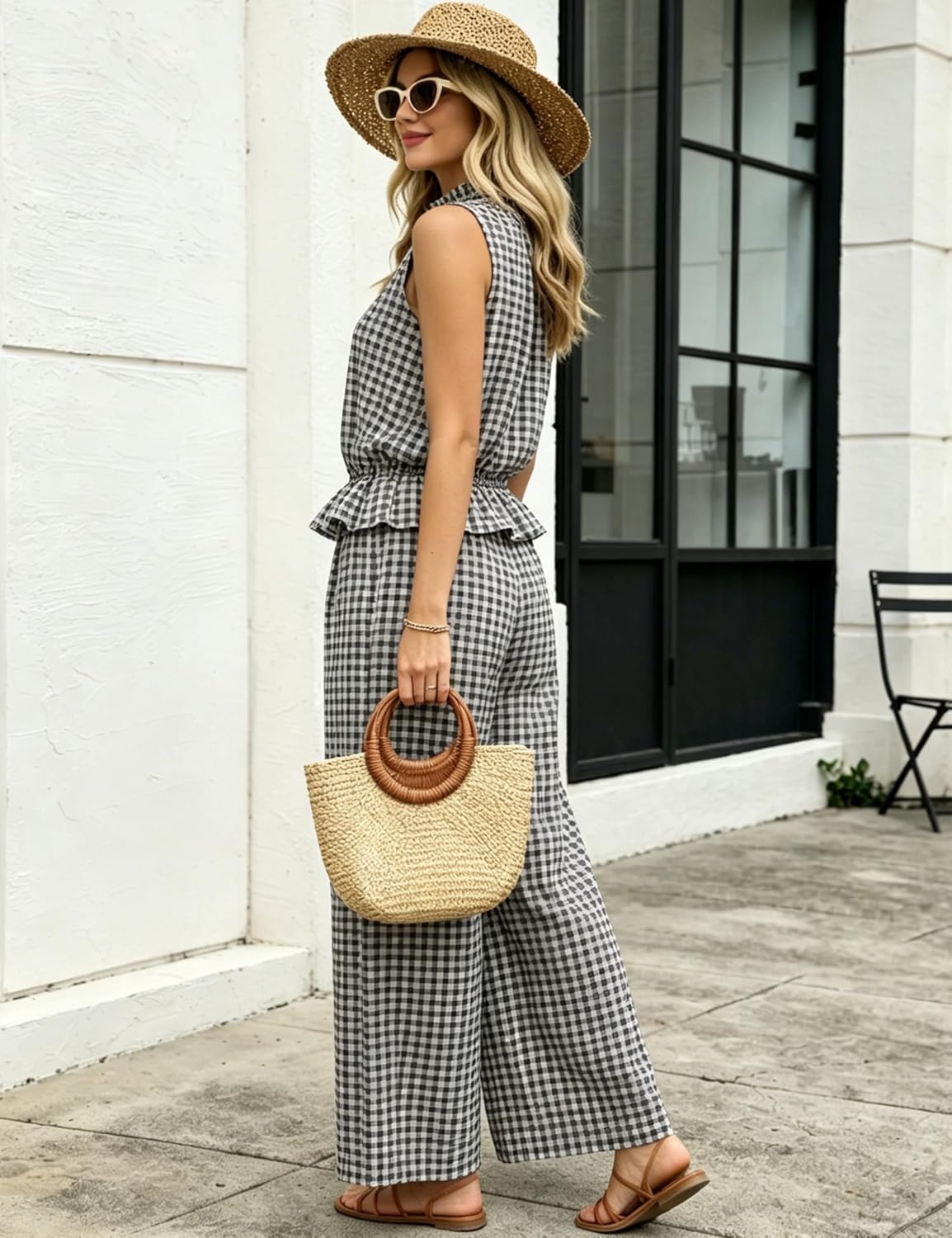 image:imageTanming Womens 2 Piece Set Outfits Gingham Plaid Sleeveless Ruffle Top Wide Leg Pants Summer Casual Beach Vacation SetsBlack