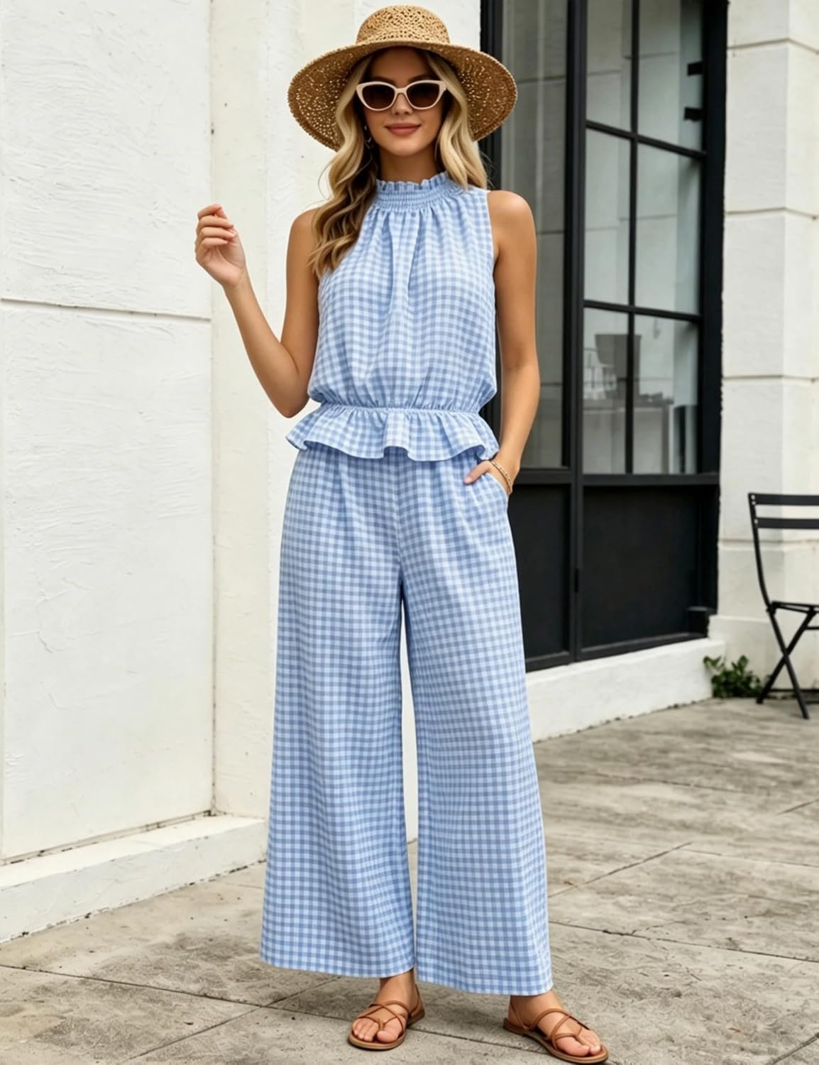 image:imageTanming Womens 2 Piece Set Outfits Gingham Plaid Sleeveless Ruffle Top Wide Leg Pants Summer Casual Beach Vacation SetsBlue