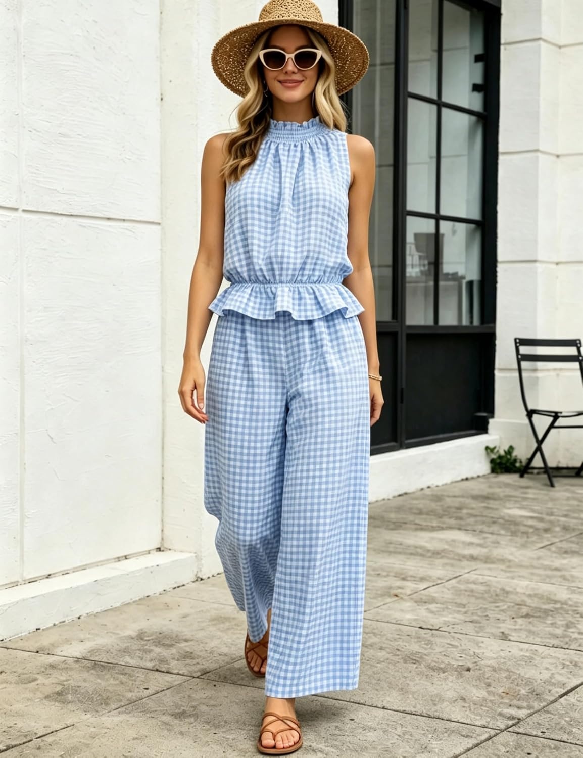 image:imageTanming Womens 2 Piece Set Outfits Gingham Plaid Sleeveless Ruffle Top Wide Leg Pants Summer Casual Beach Vacation SetsBlue
