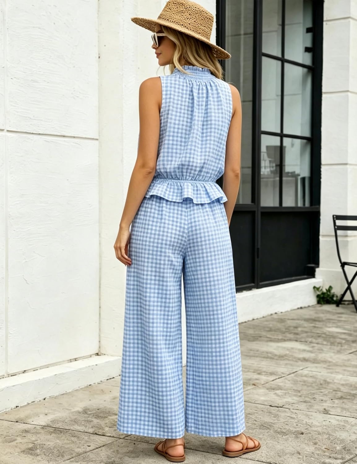 image:imageTanming Womens 2 Piece Set Outfits Gingham Plaid Sleeveless Ruffle Top Wide Leg Pants Summer Casual Beach Vacation SetsBlue
