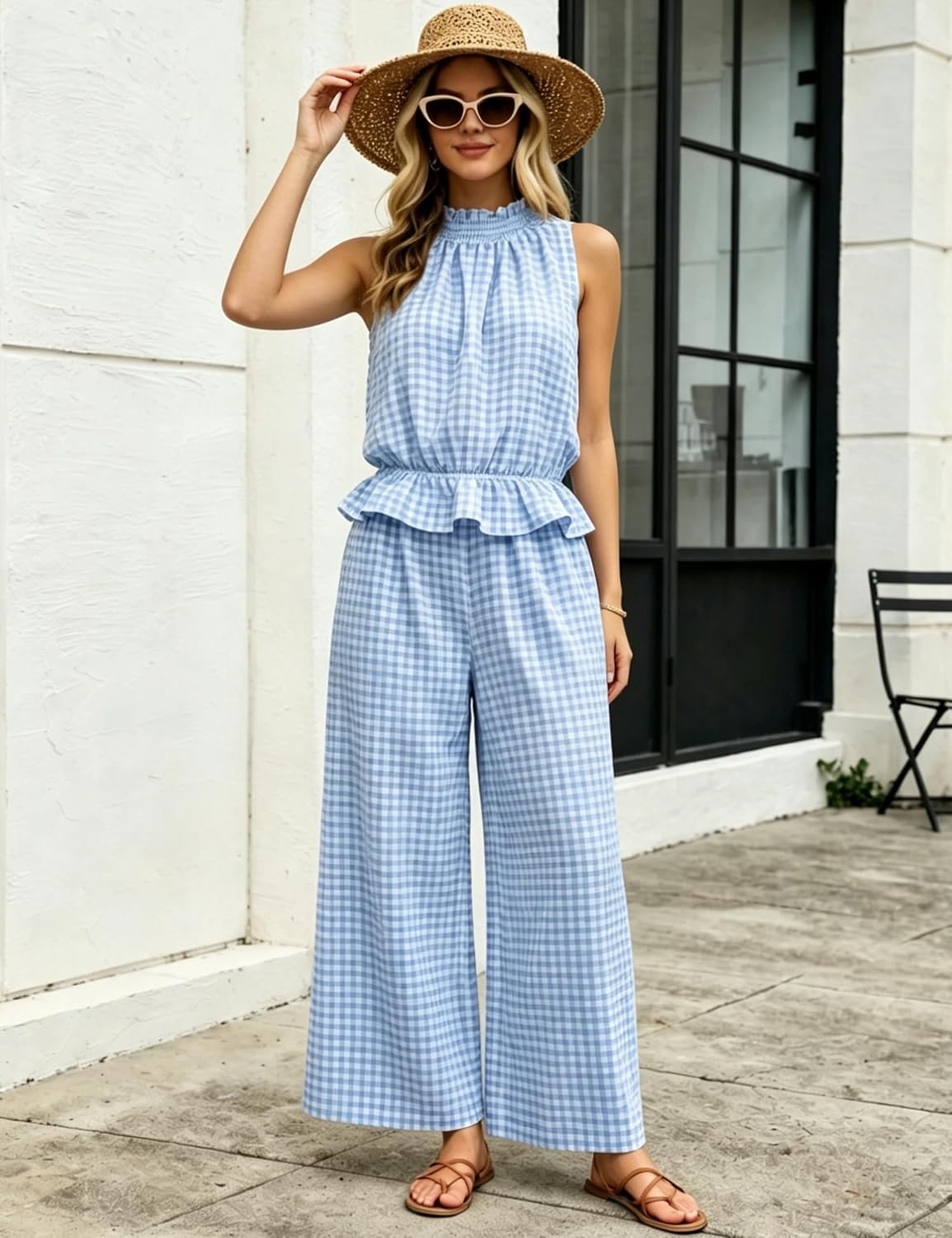 image:imageTanming Womens 2 Piece Set Outfits Gingham Plaid Sleeveless Ruffle Top Wide Leg Pants Summer Casual Beach Vacation SetsBlue