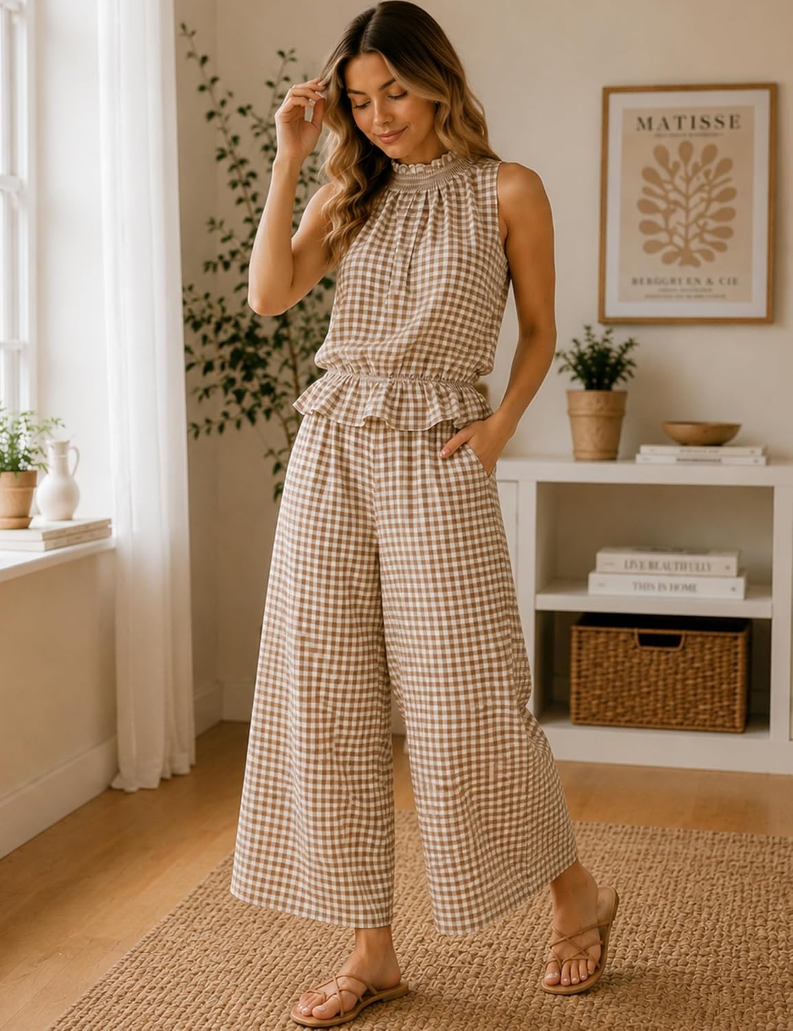 image:imageTanming Womens 2 Piece Set Outfits Gingham Plaid Sleeveless Ruffle Top Wide Leg Pants Summer Casual Beach Vacation SetsBrown