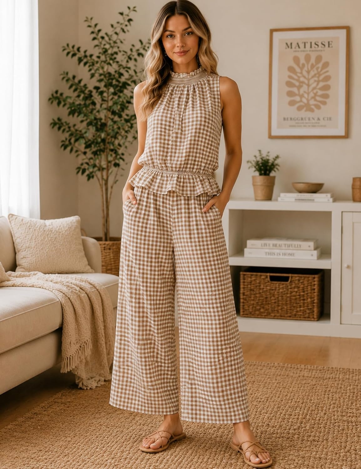 image:imageTanming Womens 2 Piece Set Outfits Gingham Plaid Sleeveless Ruffle Top Wide Leg Pants Summer Casual Beach Vacation SetsBrown