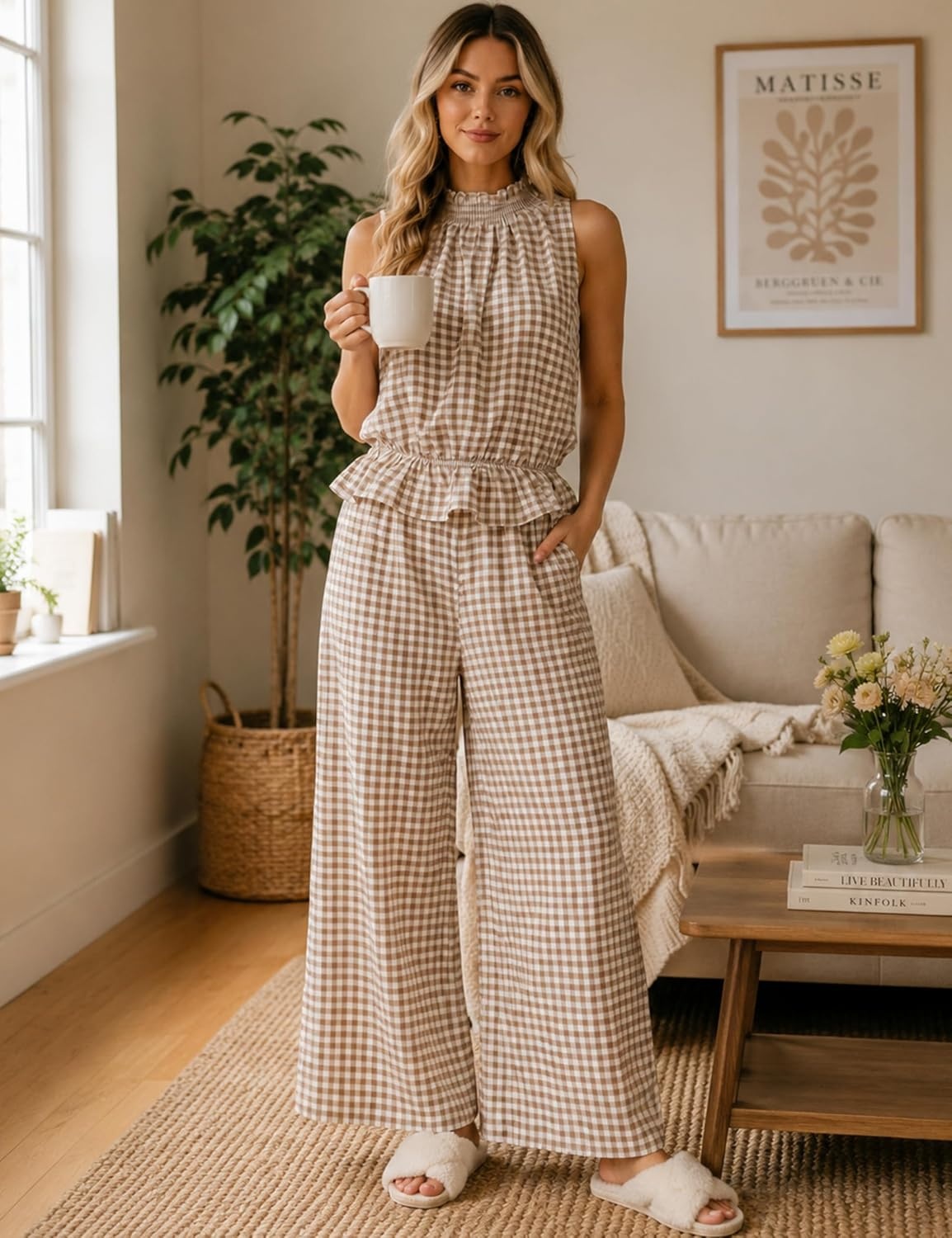 image:imageTanming Womens 2 Piece Set Outfits Gingham Plaid Sleeveless Ruffle Top Wide Leg Pants Summer Casual Beach Vacation SetsBrown