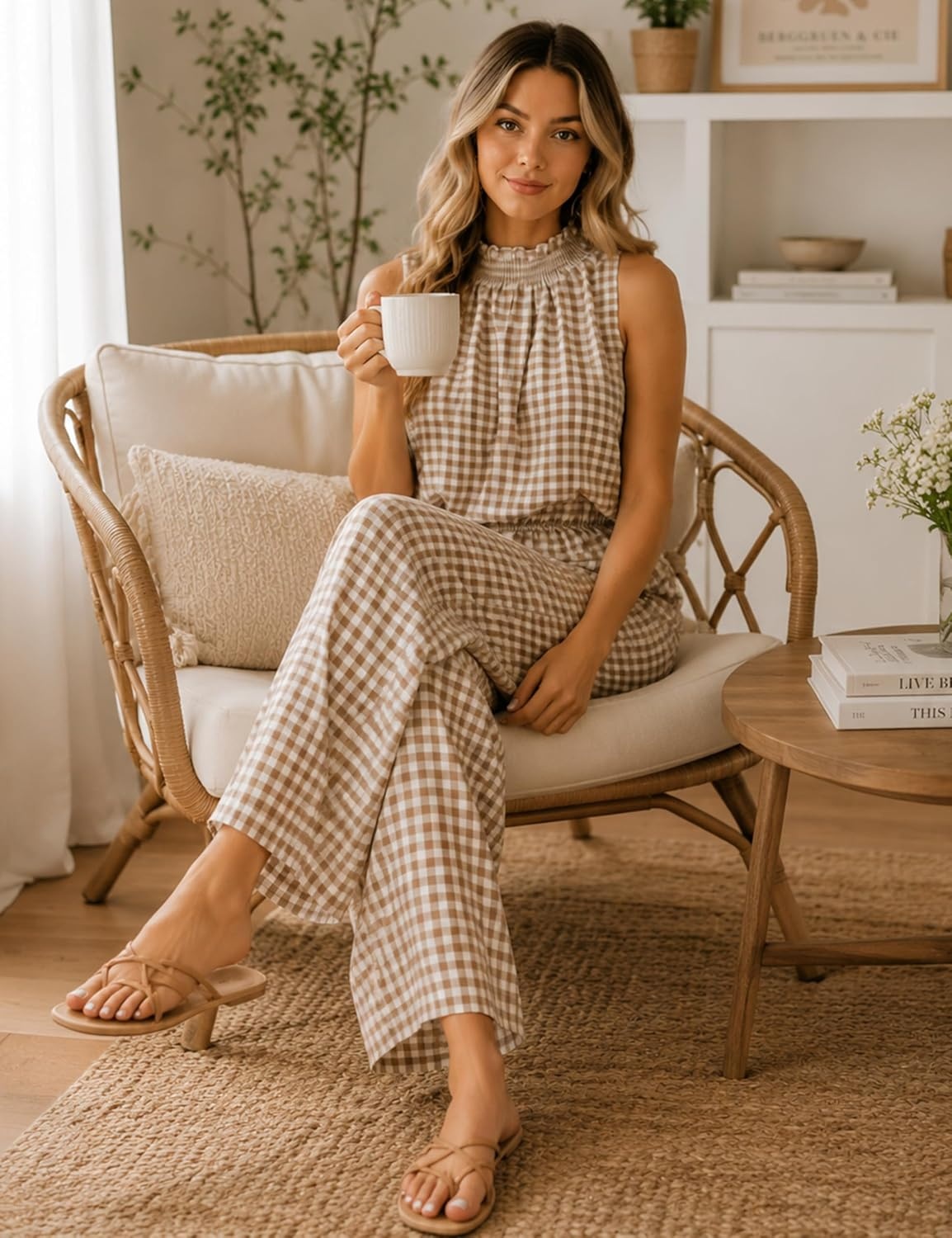 image:imageTanming Womens 2 Piece Set Outfits Gingham Plaid Sleeveless Ruffle Top Wide Leg Pants Summer Casual Beach Vacation SetsBrown