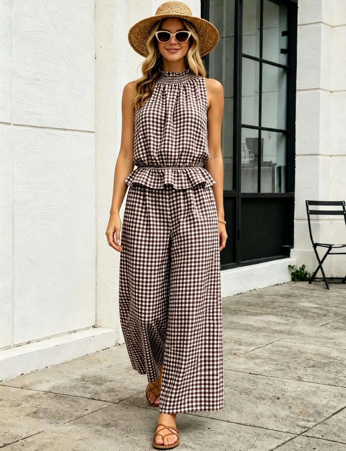 image:imageTanming Womens 2 Piece Set Outfits Gingham Plaid Sleeveless Ruffle Top Wide Leg Pants Summer Casual Beach Vacation SetsCoffee