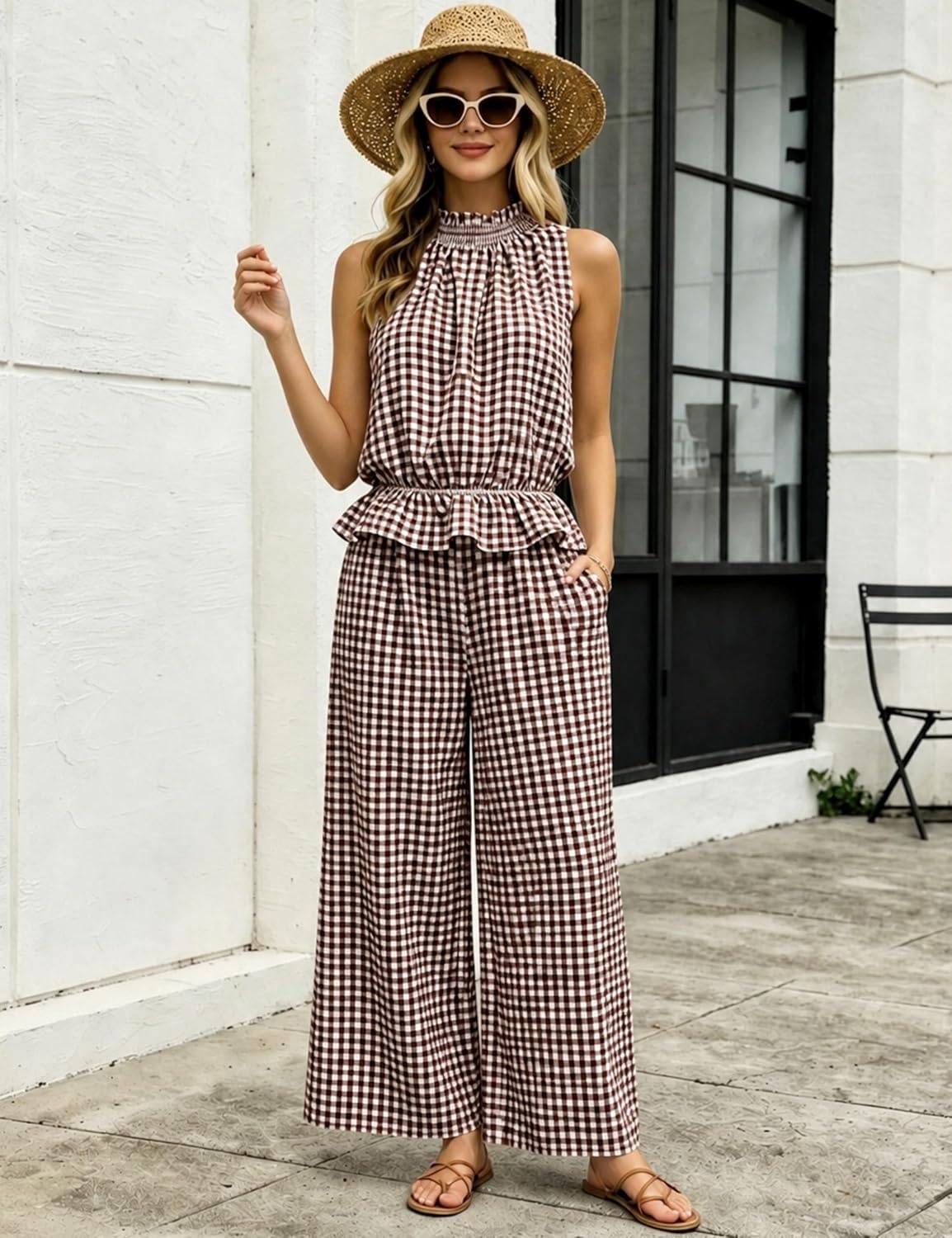 image:imageTanming Womens 2 Piece Set Outfits Gingham Plaid Sleeveless Ruffle Top Wide Leg Pants Summer Casual Beach Vacation SetsCoffee