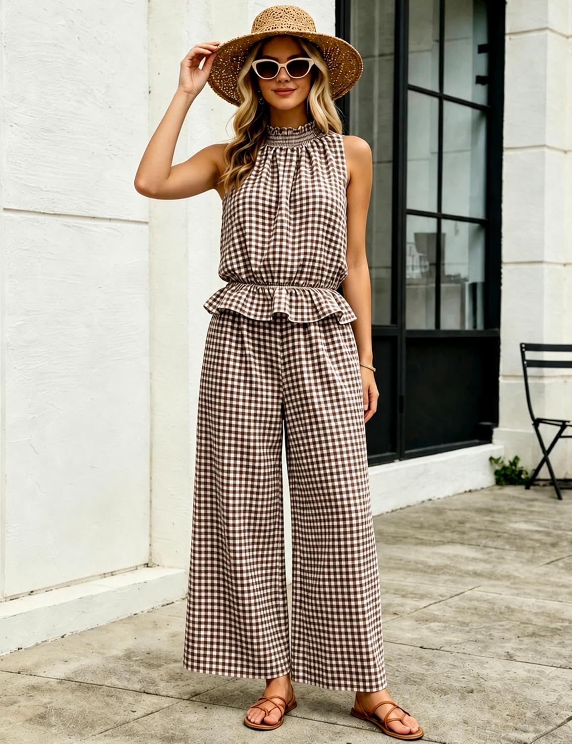 image:imageTanming Womens 2 Piece Set Outfits Gingham Plaid Sleeveless Ruffle Top Wide Leg Pants Summer Casual Beach Vacation SetsCoffee