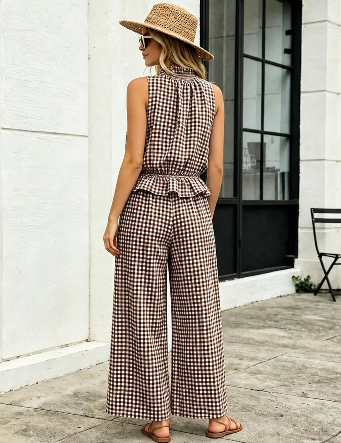 image:imageTanming Womens 2 Piece Set Outfits Gingham Plaid Sleeveless Ruffle Top Wide Leg Pants Summer Casual Beach Vacation SetsCoffee