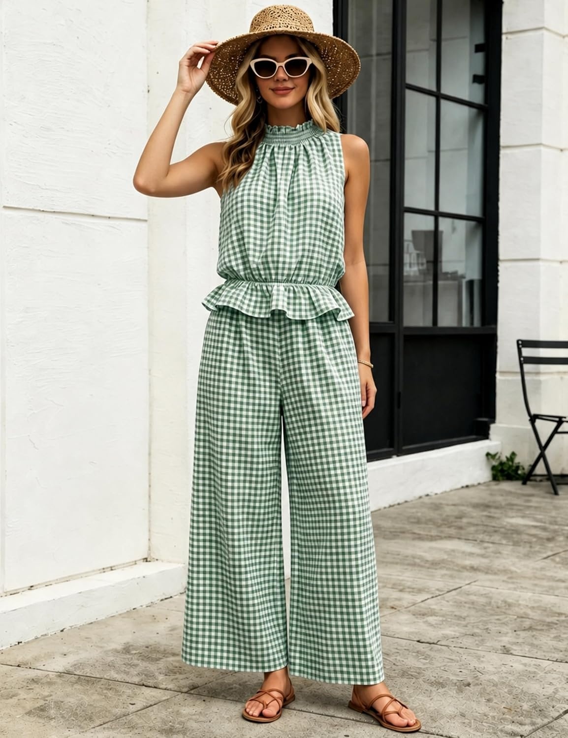image:imageTanming Womens 2 Piece Set Outfits Gingham Plaid Sleeveless Ruffle Top Wide Leg Pants Summer Casual Beach Vacation SetsDarkgreen