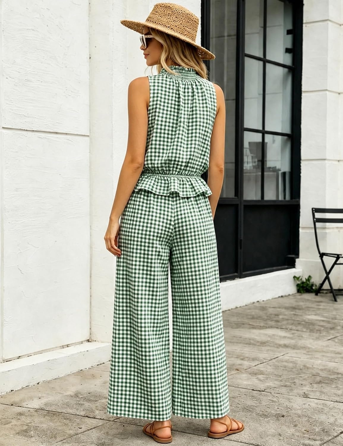 image:imageTanming Womens 2 Piece Set Outfits Gingham Plaid Sleeveless Ruffle Top Wide Leg Pants Summer Casual Beach Vacation SetsDarkgreen