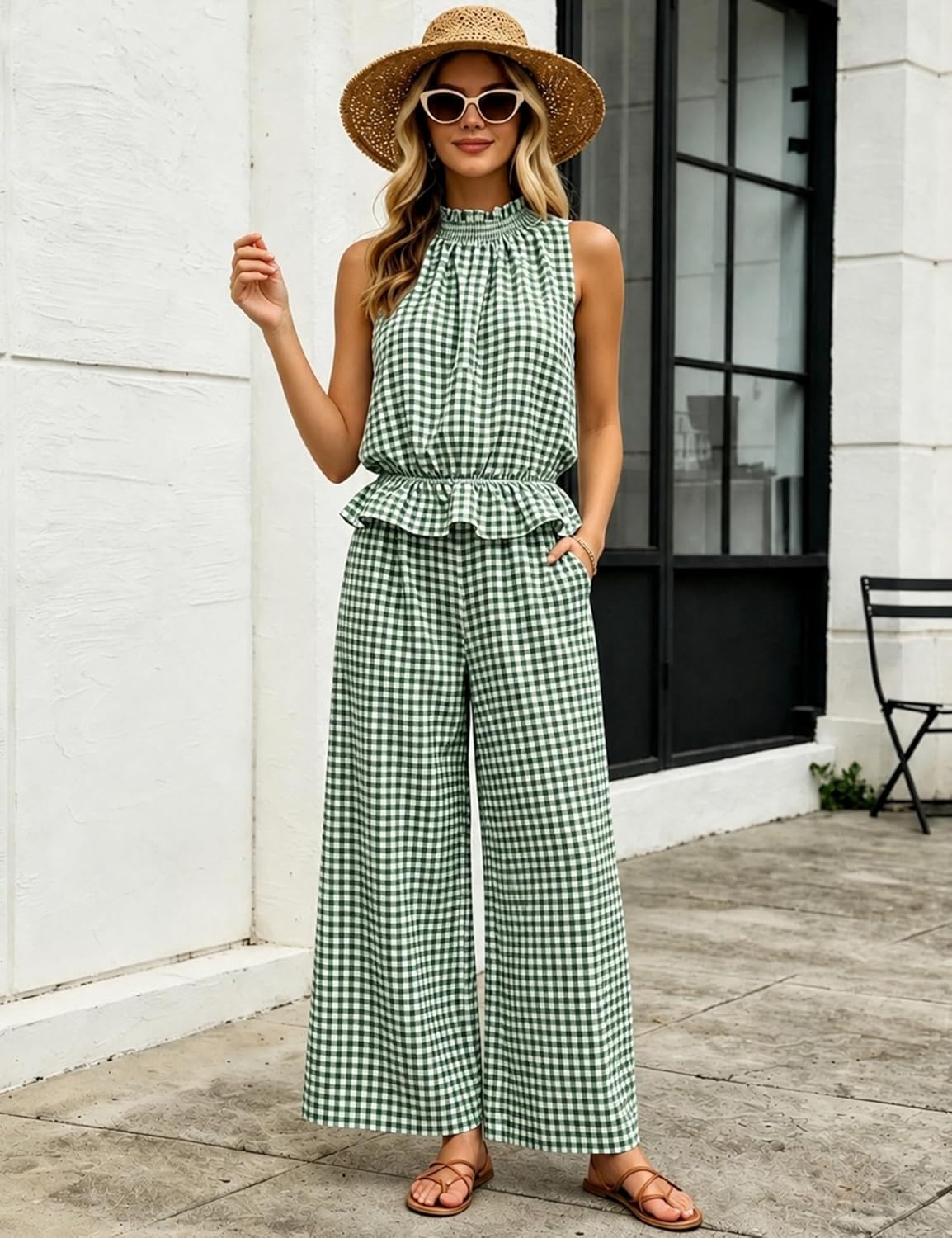 image:imageTanming Womens 2 Piece Set Outfits Gingham Plaid Sleeveless Ruffle Top Wide Leg Pants Summer Casual Beach Vacation SetsDarkgreen
