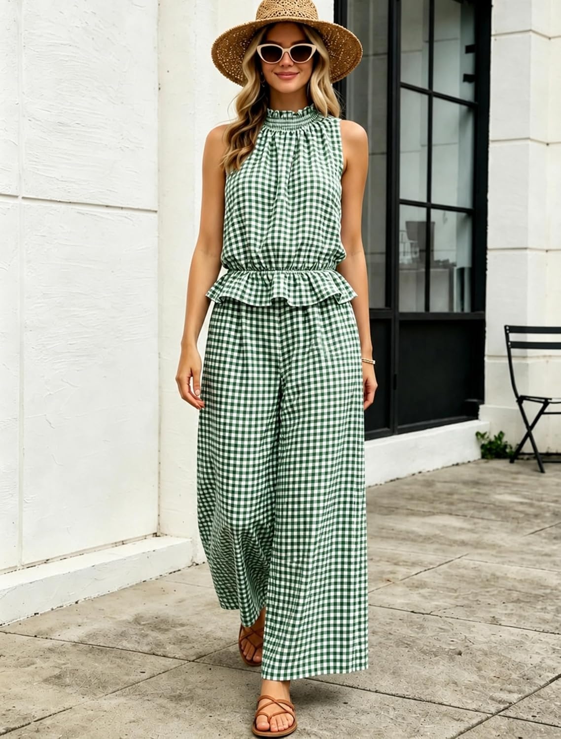 image:imageTanming Womens 2 Piece Set Outfits Gingham Plaid Sleeveless Ruffle Top Wide Leg Pants Summer Casual Beach Vacation SetsDarkgreen