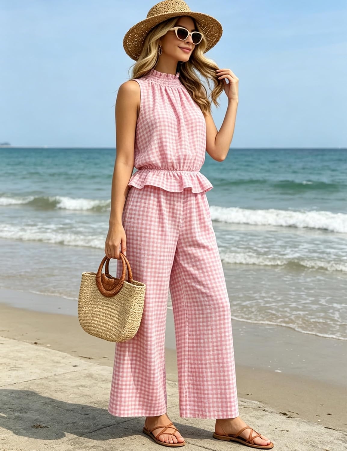 image:imageTanming Womens 2 Piece Set Outfits Gingham Plaid Sleeveless Ruffle Top Wide Leg Pants Summer Casual Beach Vacation SetsPink