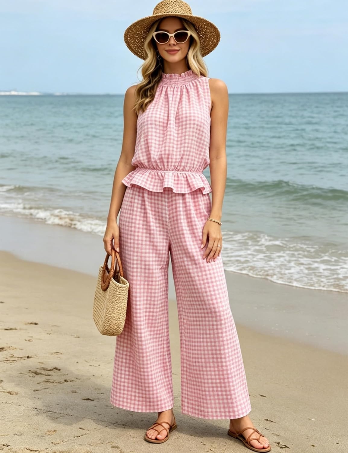 image:imageTanming Womens 2 Piece Set Outfits Gingham Plaid Sleeveless Ruffle Top Wide Leg Pants Summer Casual Beach Vacation SetsPink