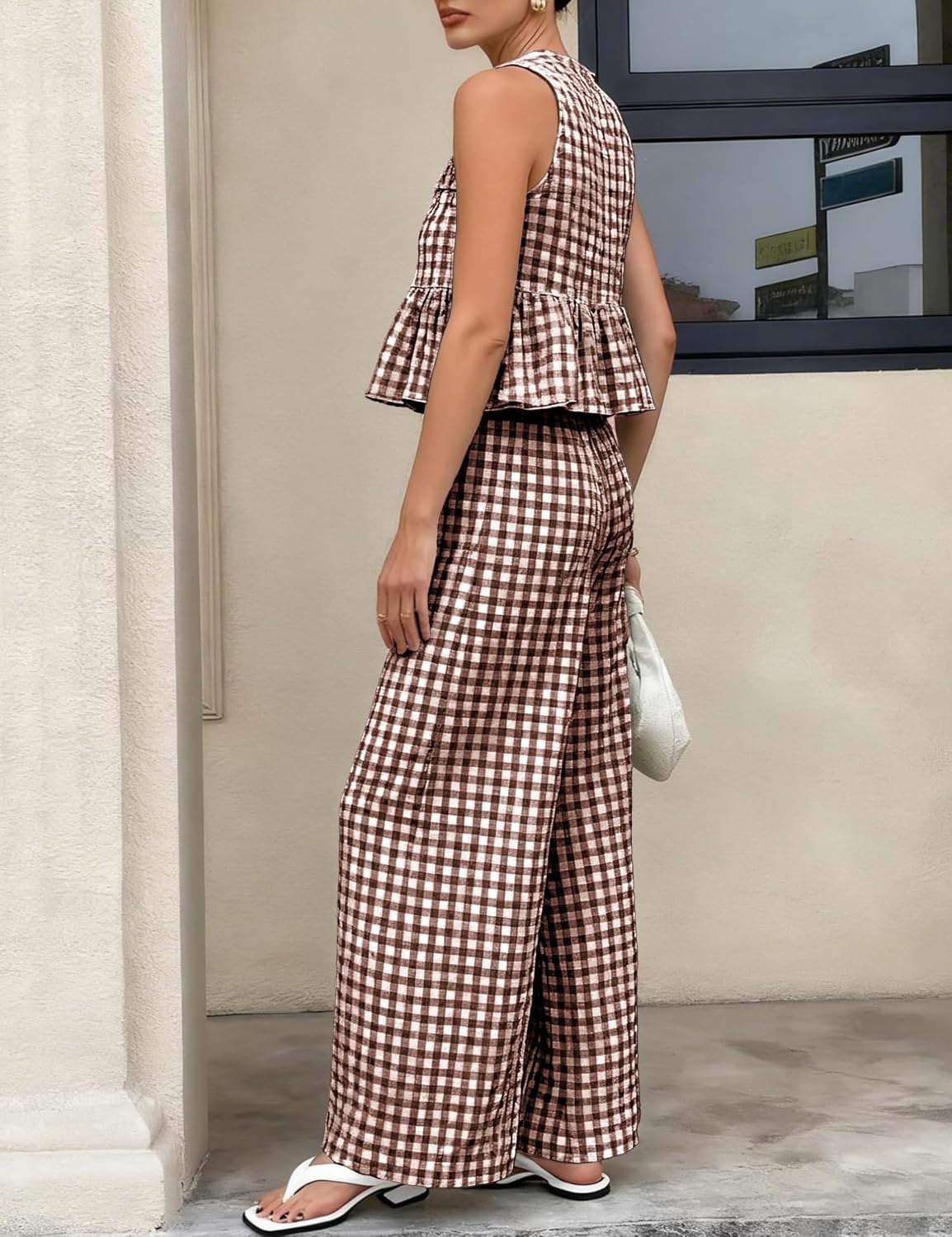 image:imageTanming Womens 2 Piece Set Outfits Gingham Plaid Tank Tops Wide Leg Pants Matching Lounge SetsCoffee