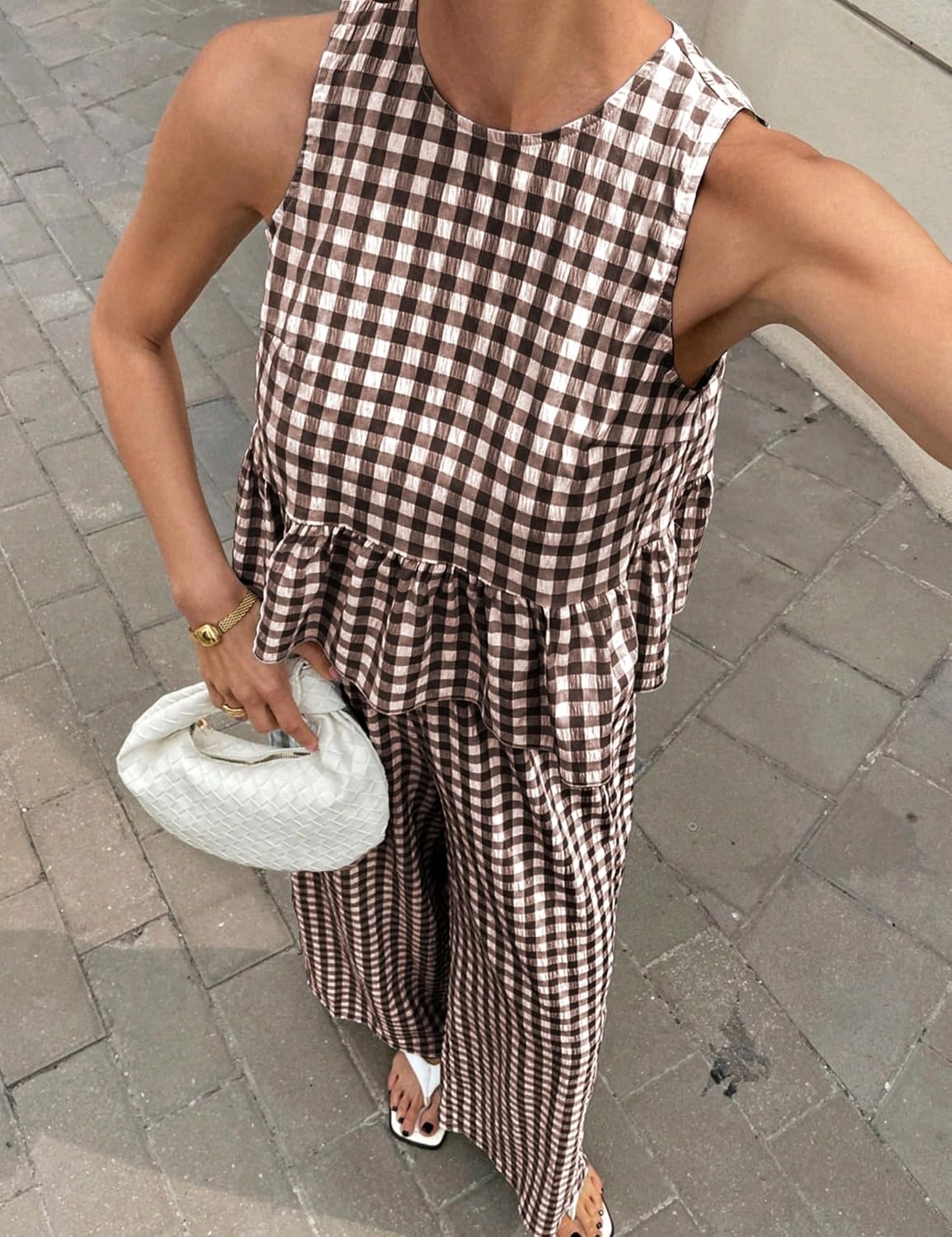 image:imageTanming Womens 2 Piece Set Outfits Gingham Plaid Tank Tops Wide Leg Pants Matching Lounge SetsCoffee