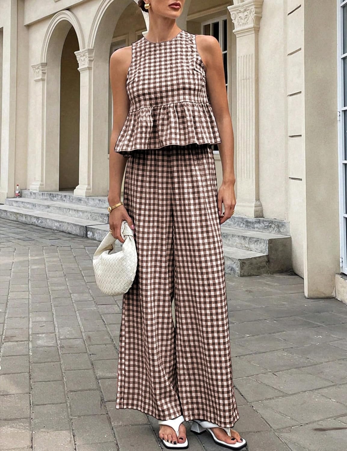 image:imageTanming Womens 2 Piece Set Outfits Gingham Plaid Tank Tops Wide Leg Pants Matching Lounge SetsCoffee